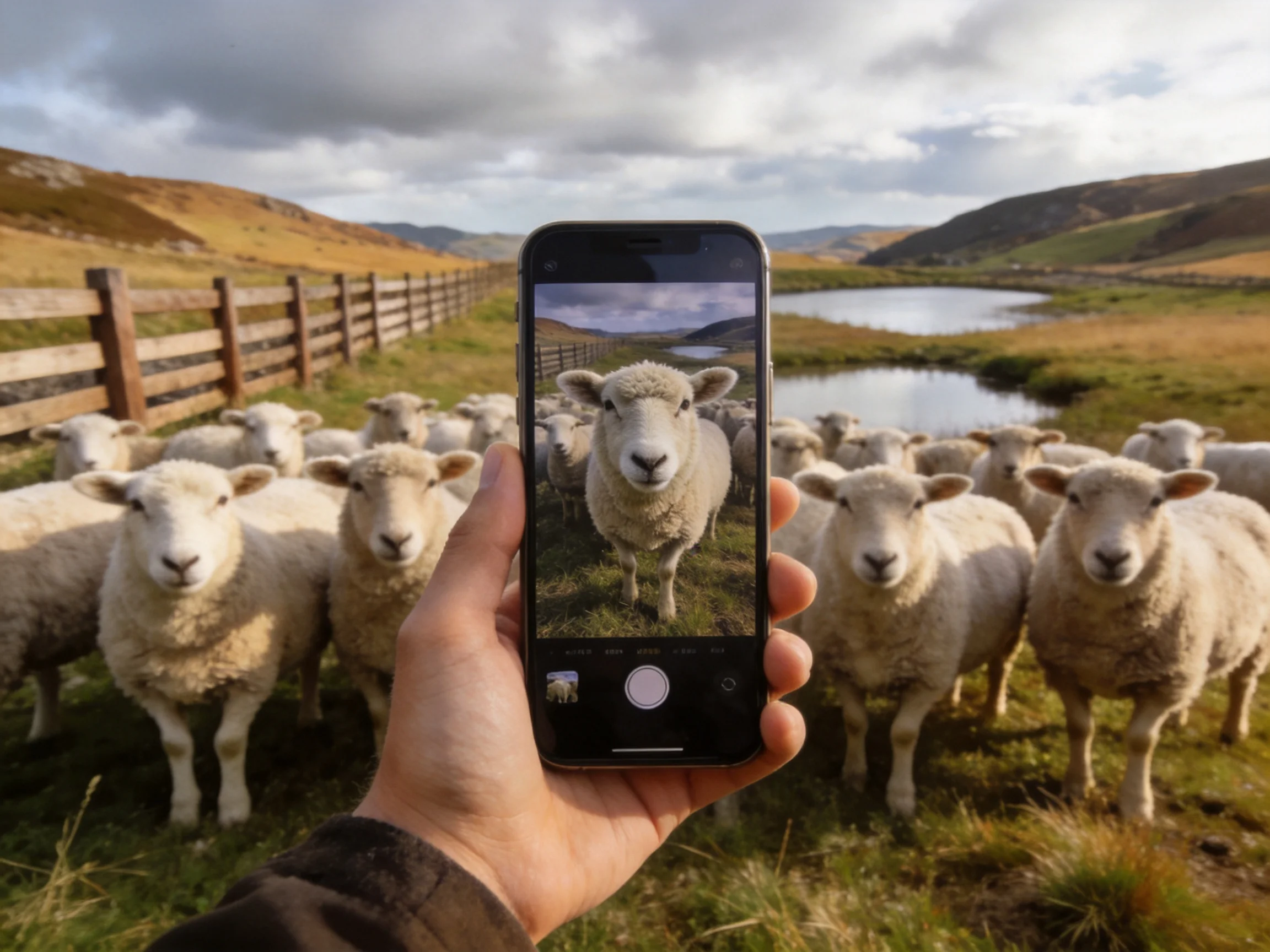 A smartphone photographs sheep near a fence and pond in a countryside.