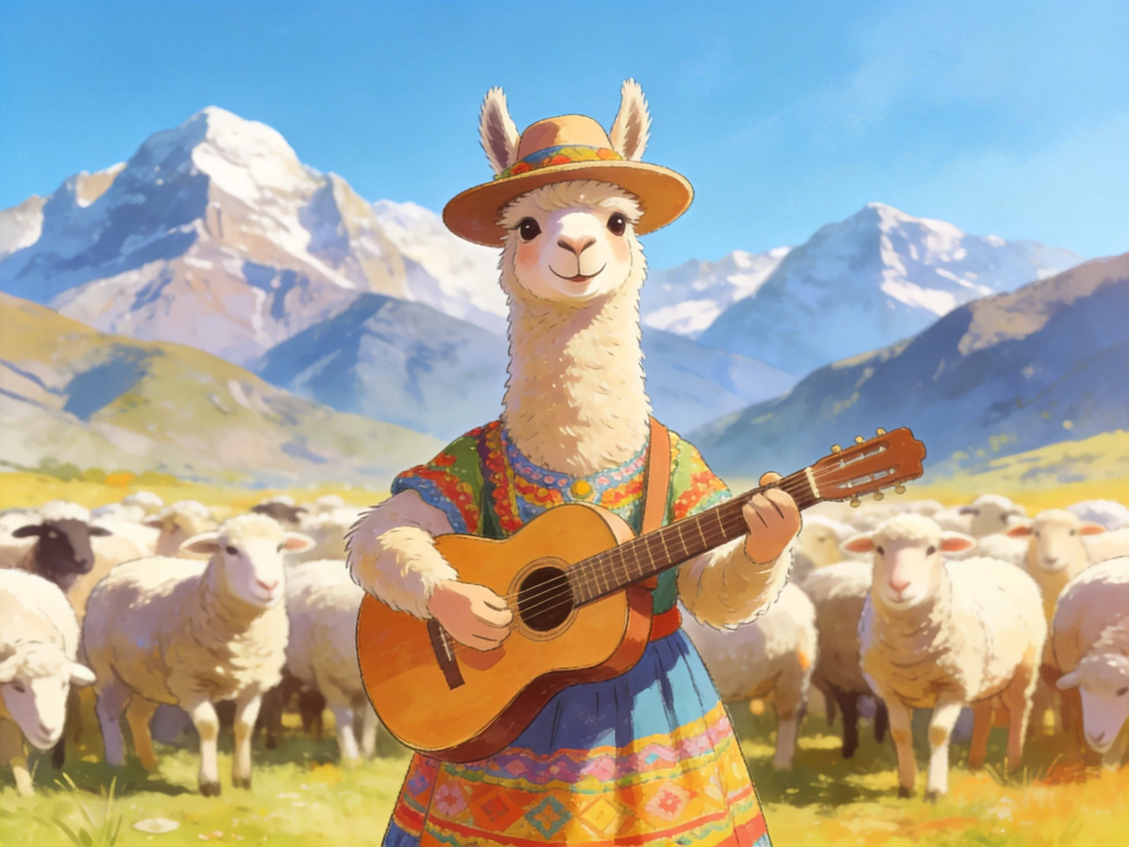 A smiling llama in vibrant clothing plays guitar near sheep and snow - capped mountains