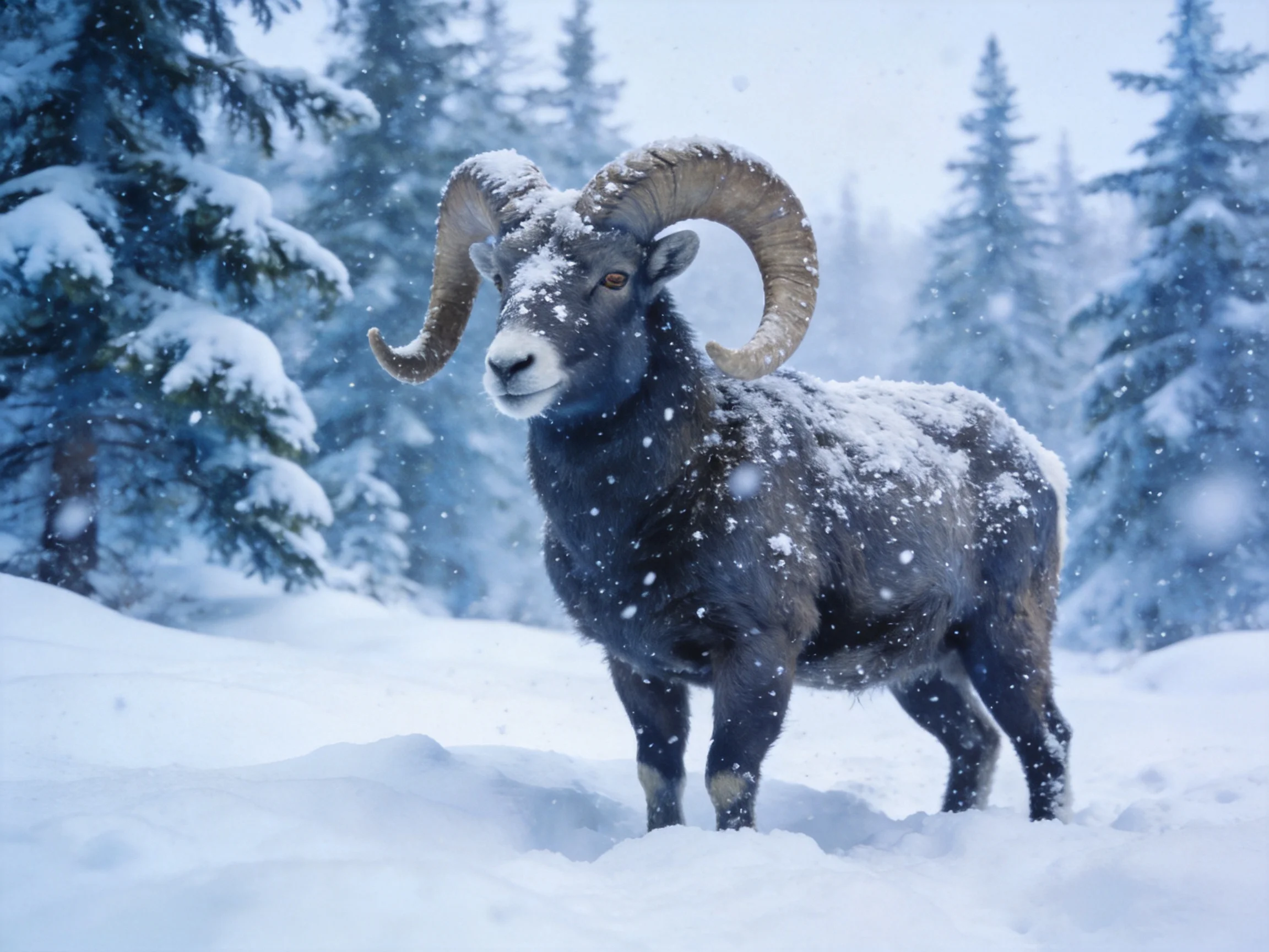 A snow-cloaked bighorn sheep amid snowy evergreens
