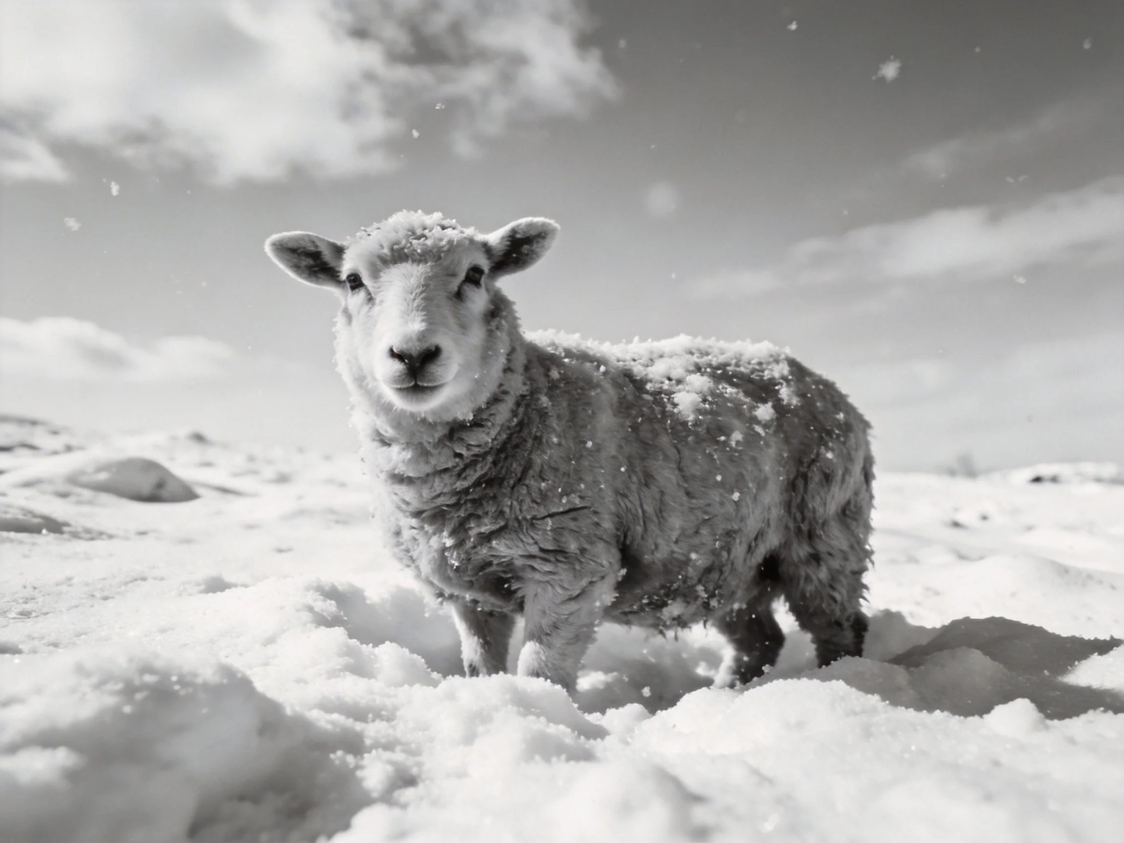 A snow-dusted lamb in a bright winter landscape