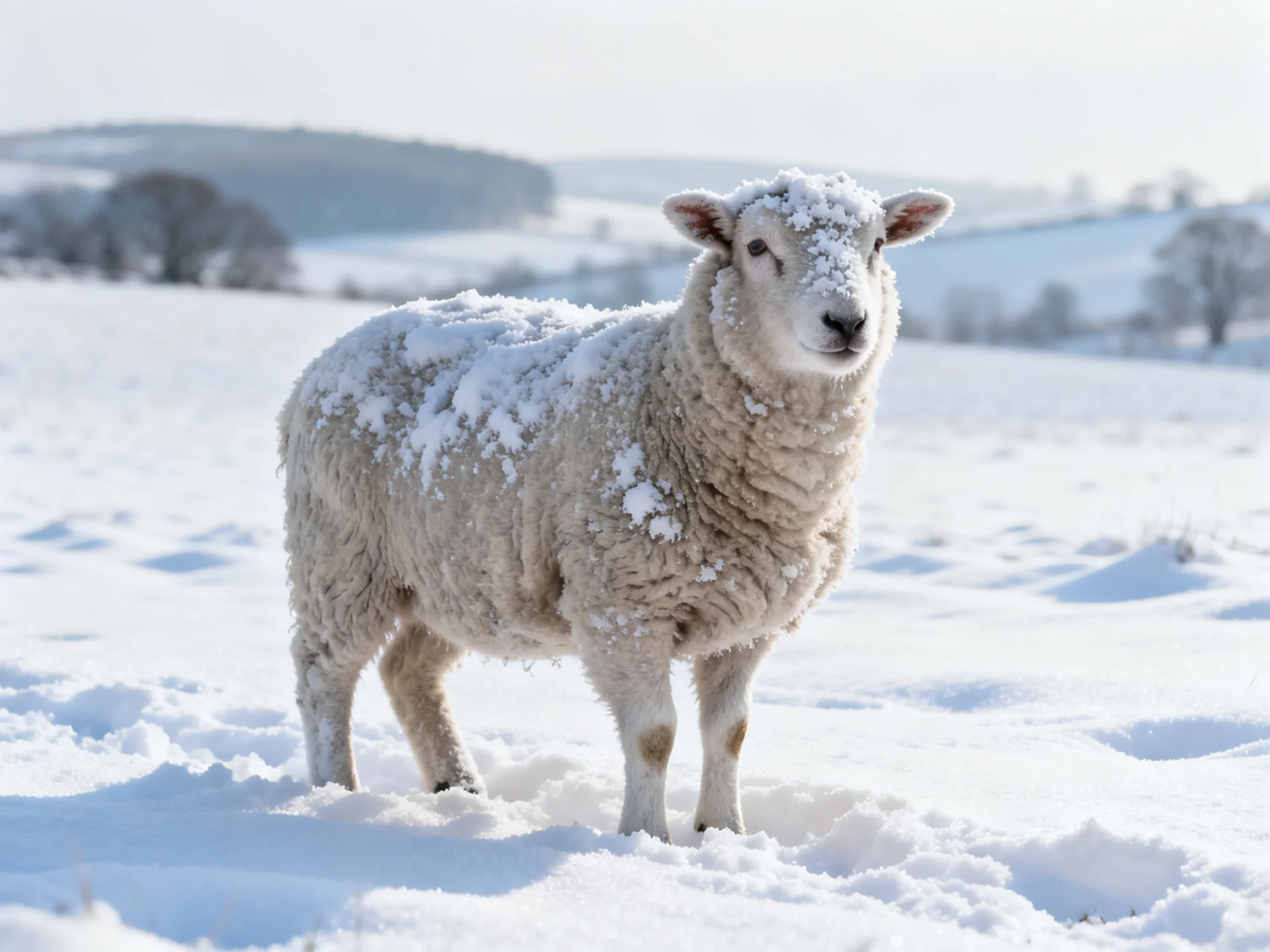 A snow-dusted sheep in a bright winter field