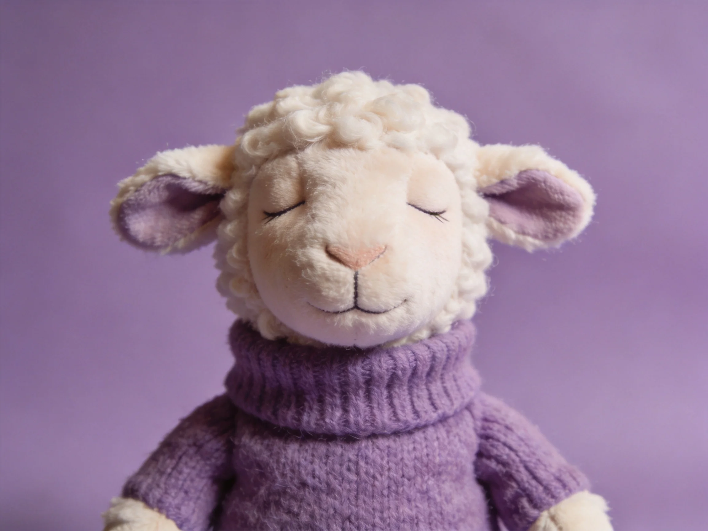 A soft-stuffed sheep doll in a purple turtleneck with curly white wool