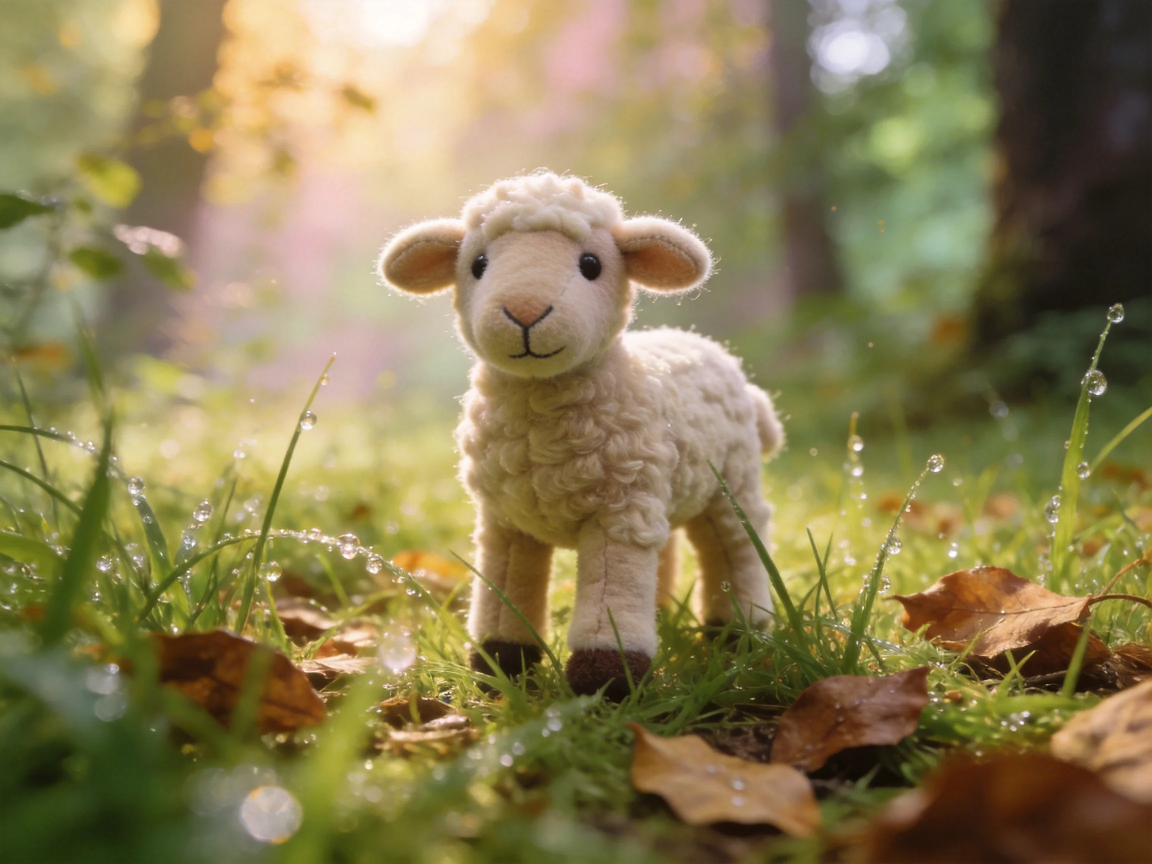 A soft - textured sheep figurine stands on dewy grass near autumn leaves in a sunlit forest.