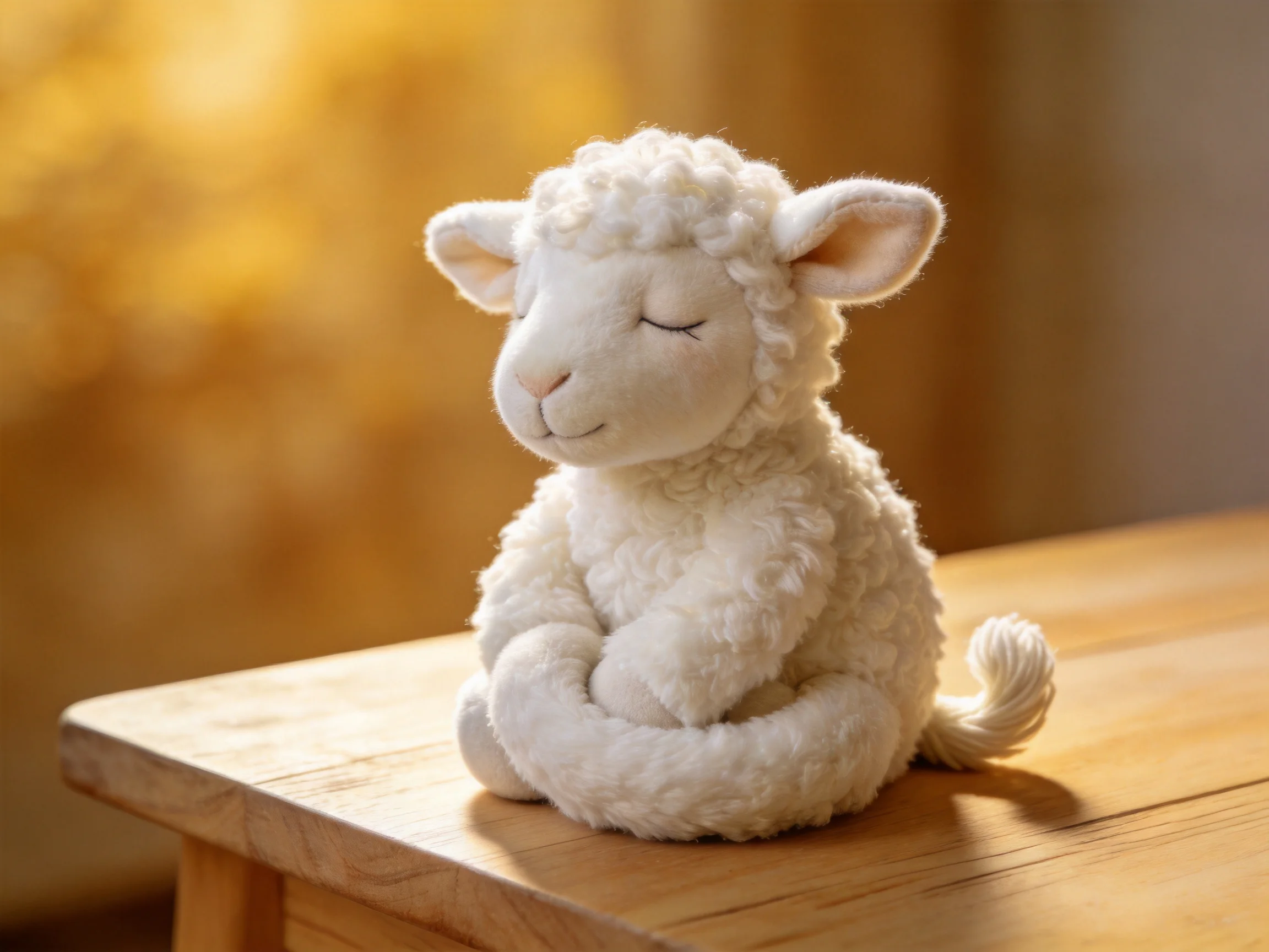 A soft white plush sheep sits on a wooden table