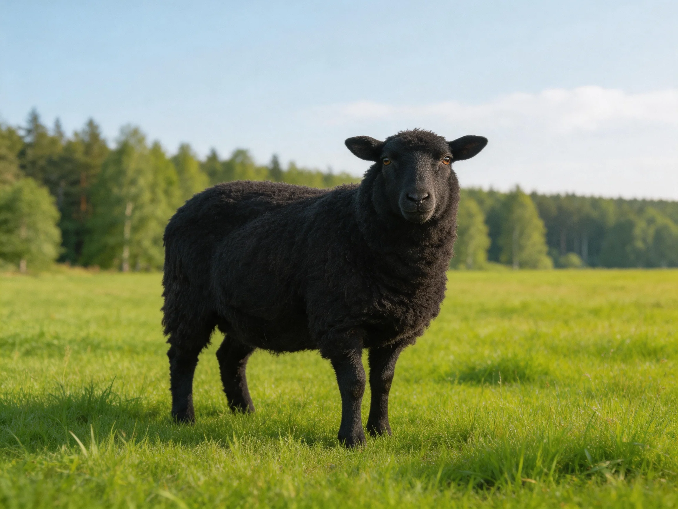 A solitary black sheep stands in a lush green meadow near trees
