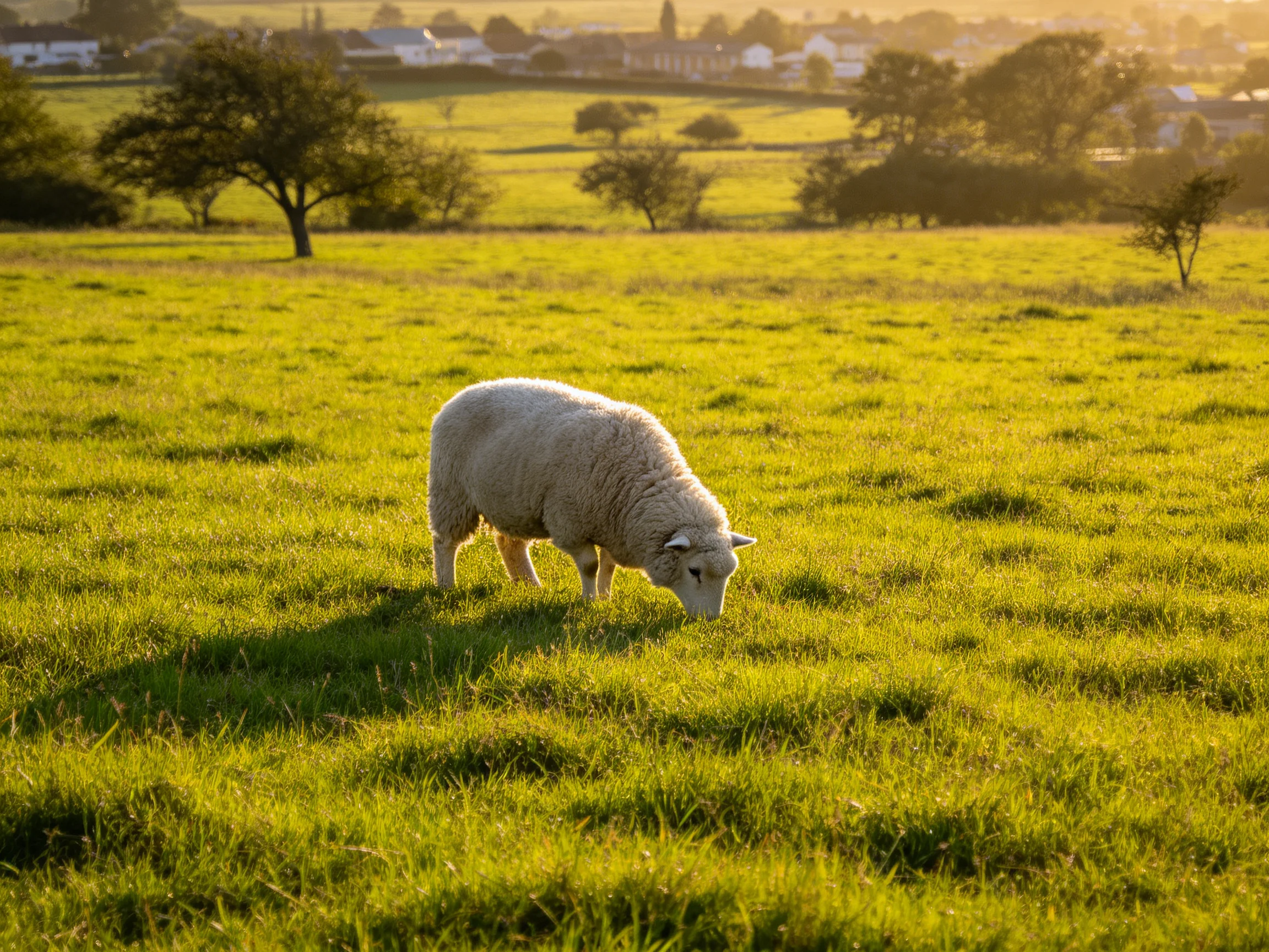A solitary sheep grazing in a sun-drenched green pasture