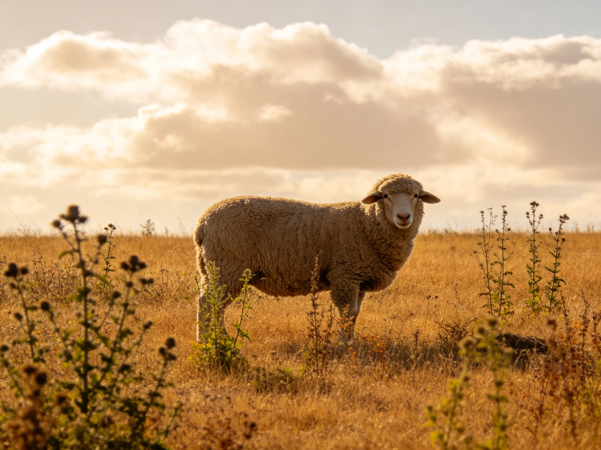A solitary sheep in a golden field beneath billowing clouds