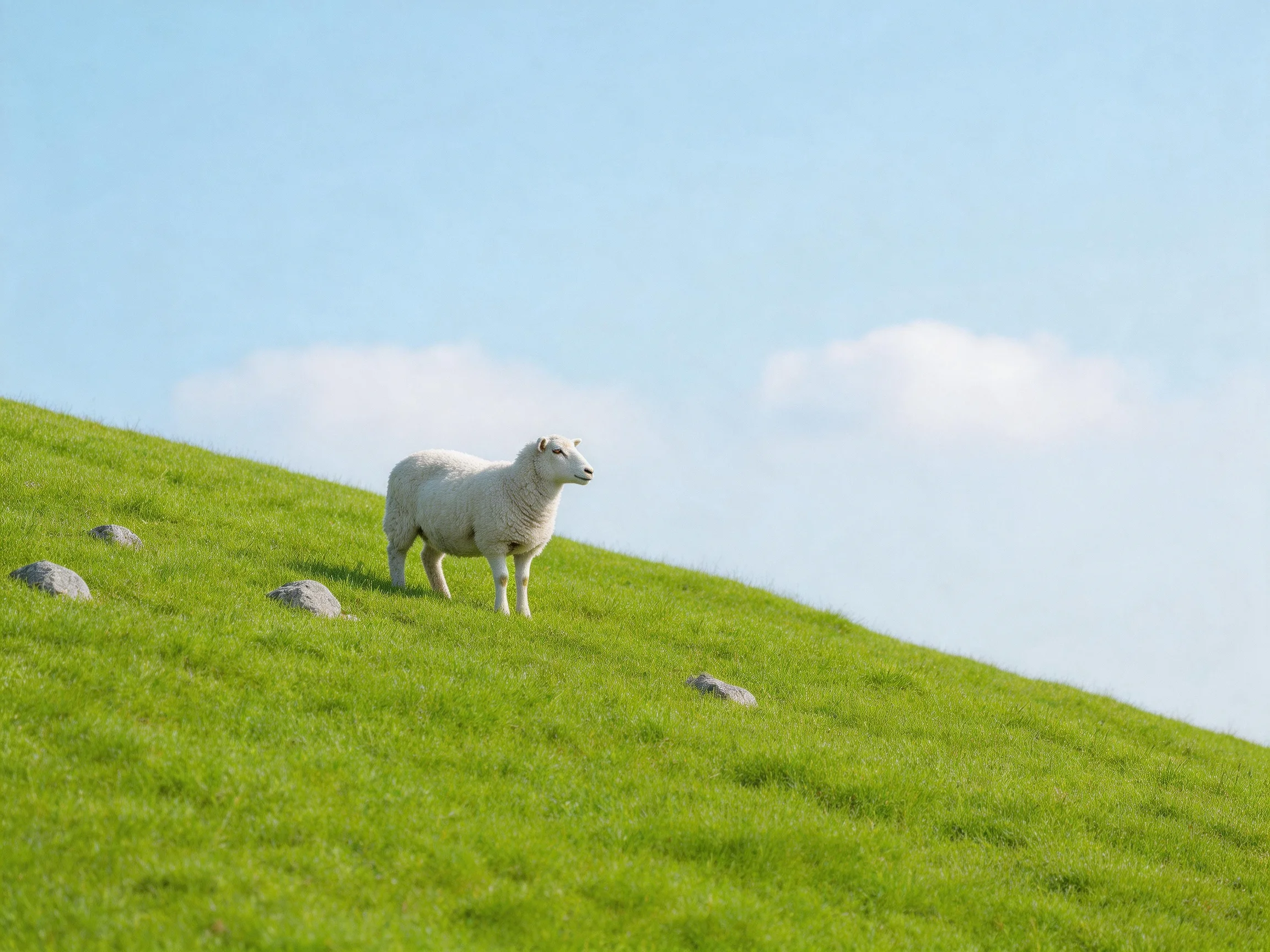 A solitary white sheep on a lush green hillside with scattered rocks