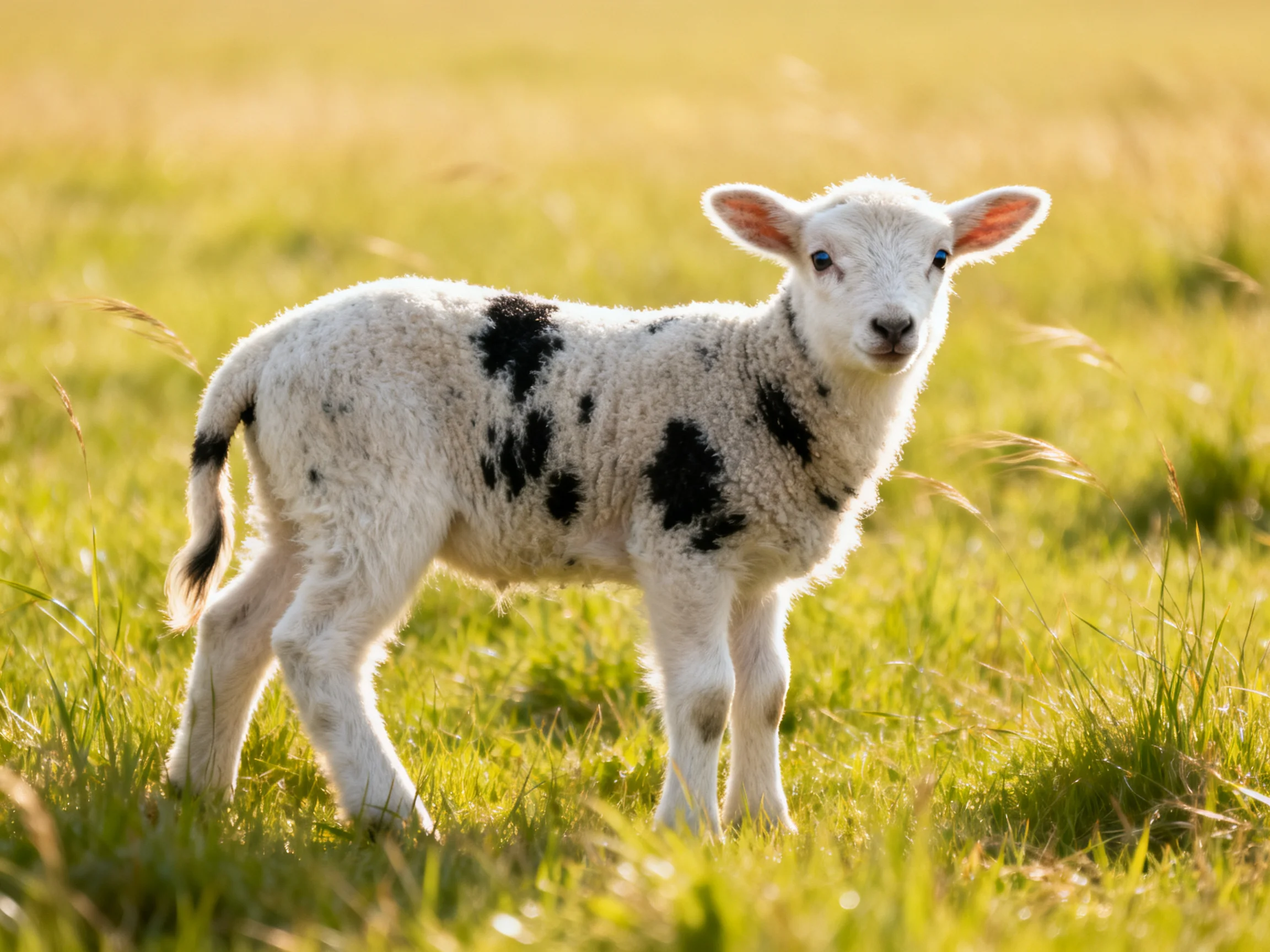 A spotted lamb in a sunlit green meadow