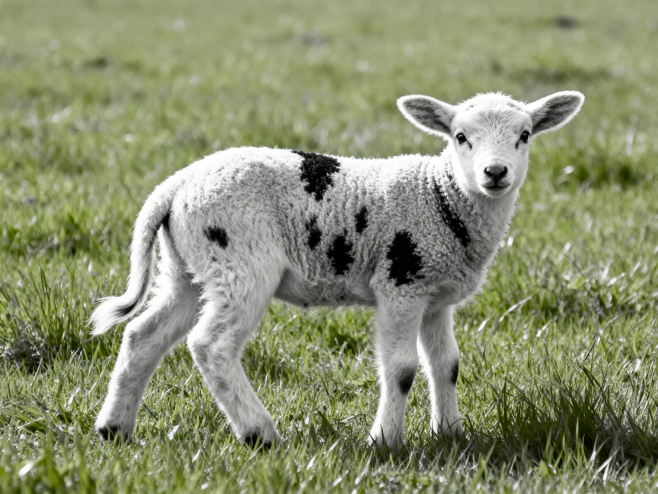 A young spotted lamb stands in a grassy field.