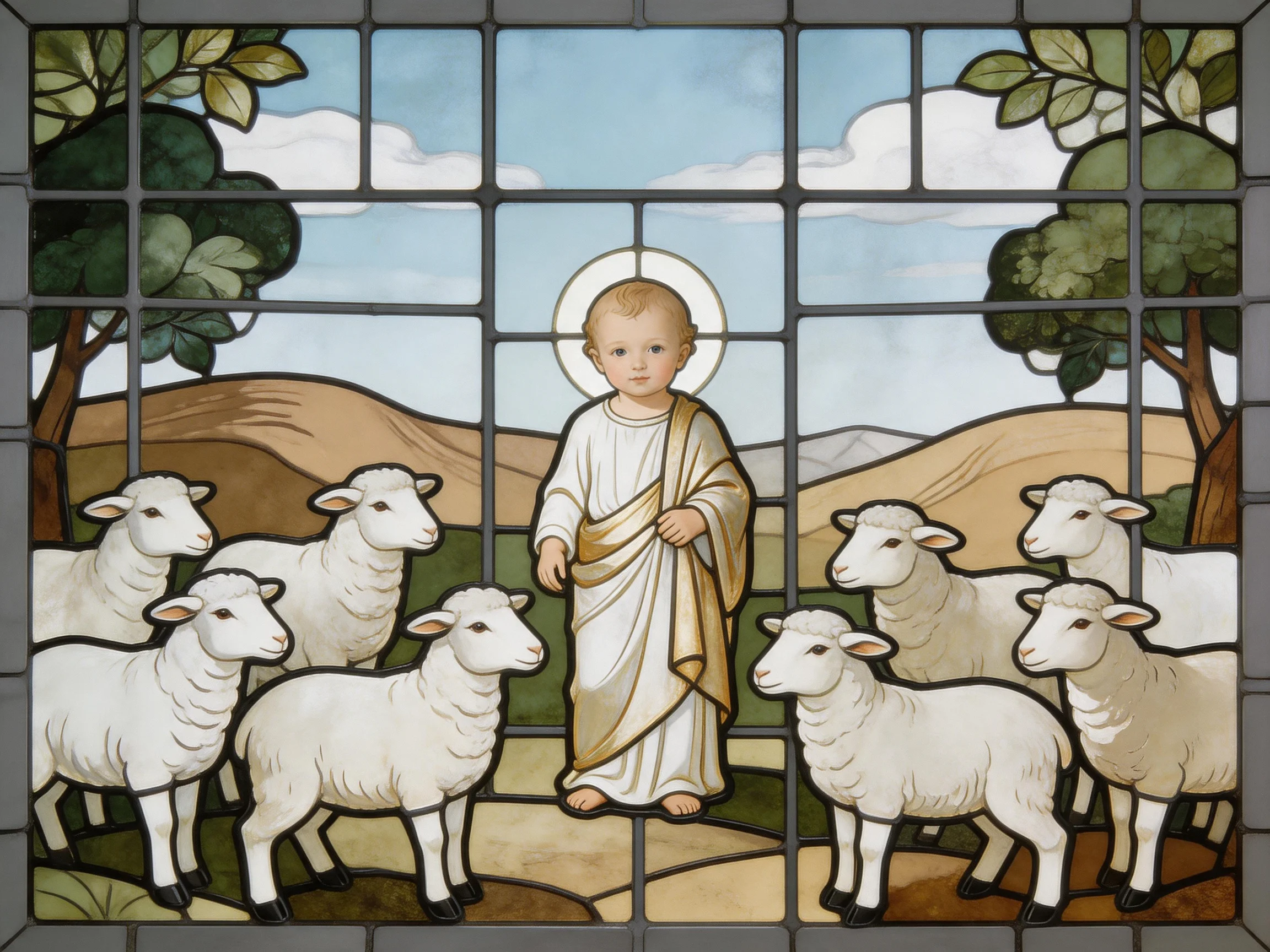 A stained glass artwork portraying Christ surrounded by sheep in a pastoral setting
