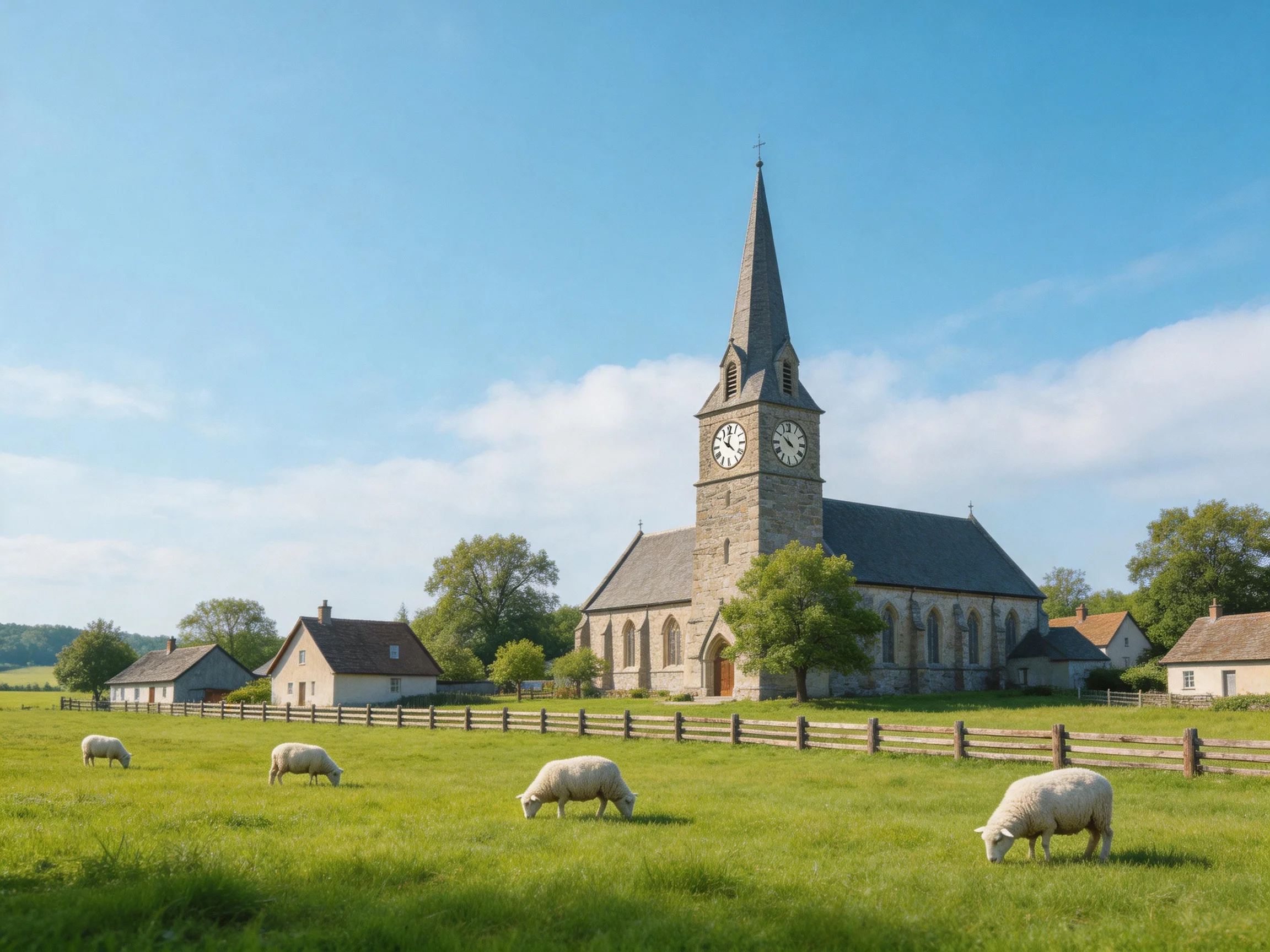 A stone church with a clock tower near cottages and grazing sheep