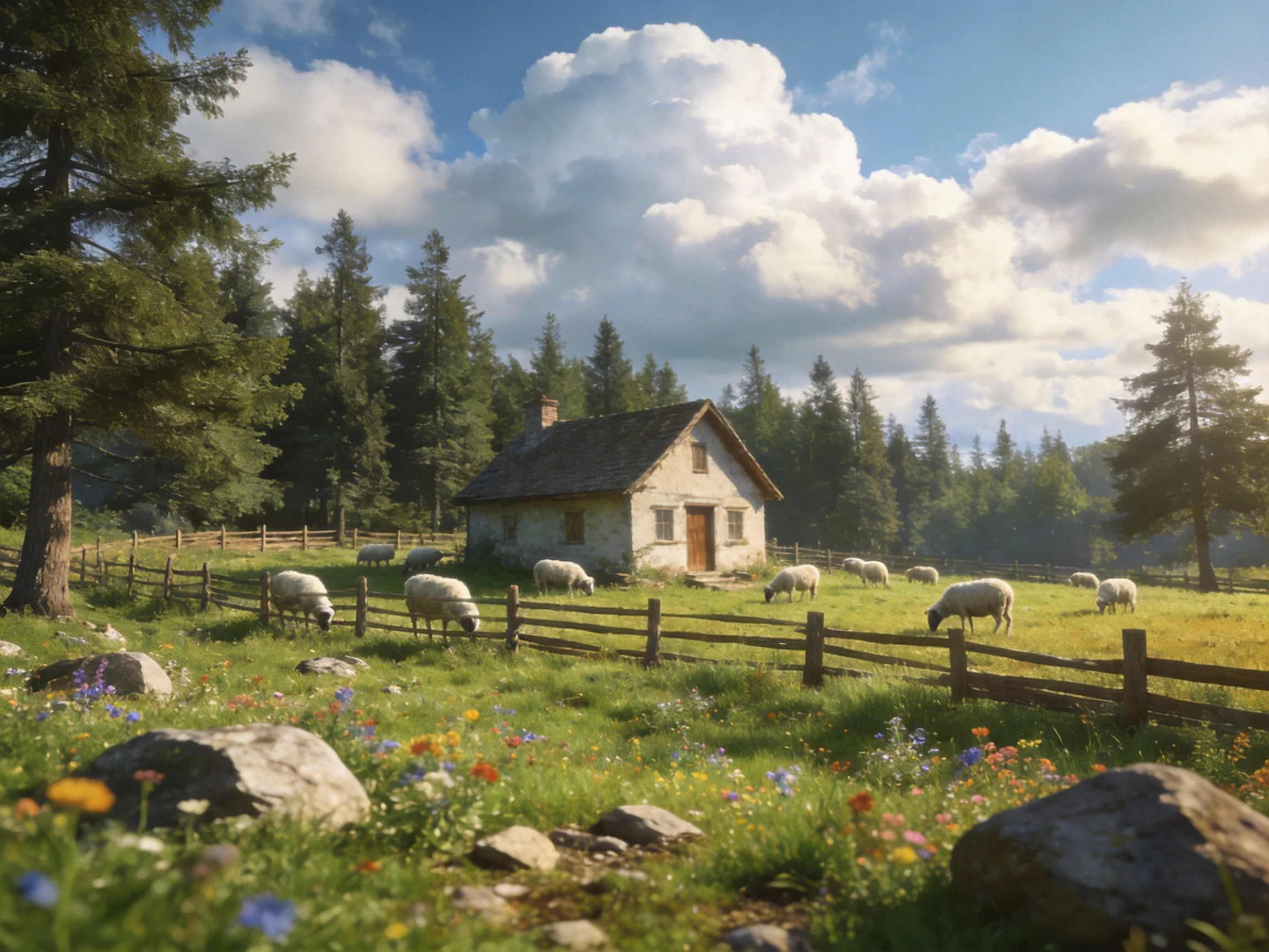A stone cottage surrounded by grazing sheep and vibrant meadows