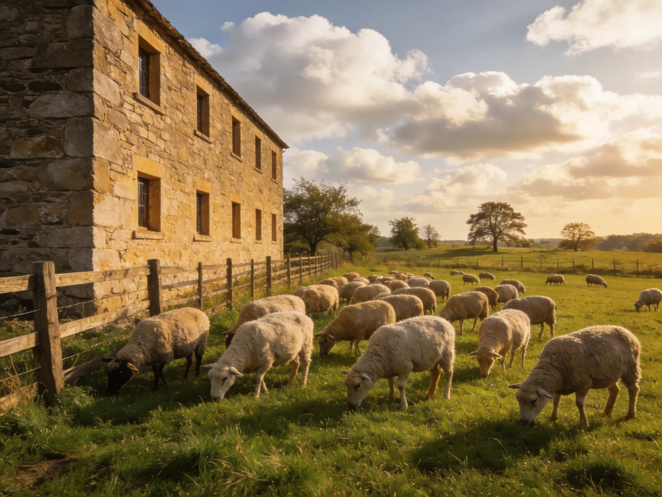 A stone farm building with a flock of sheep in a sunlit pasture