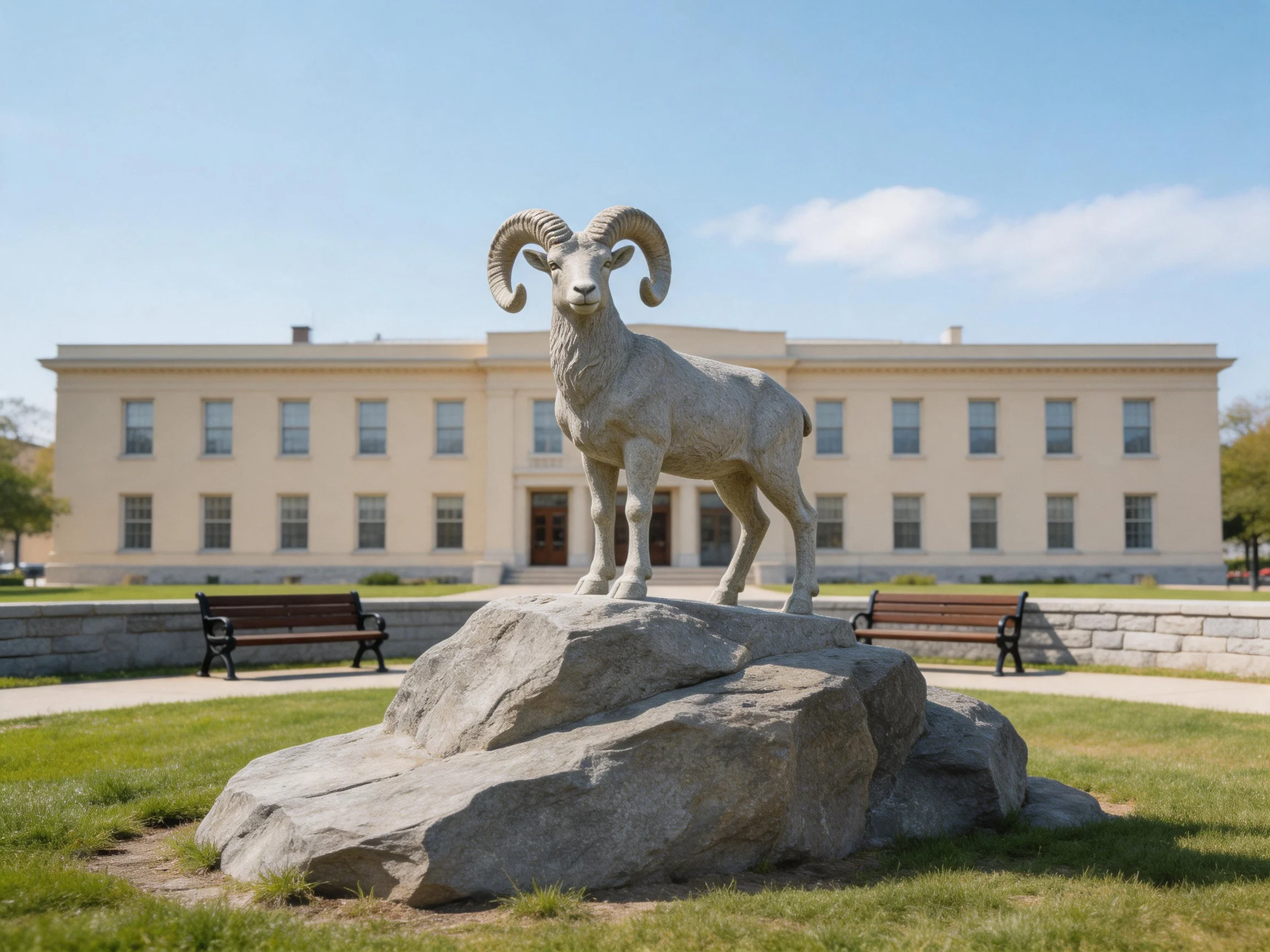 A stone ram sculpture atop a boulder near a cream-colored institutional building
