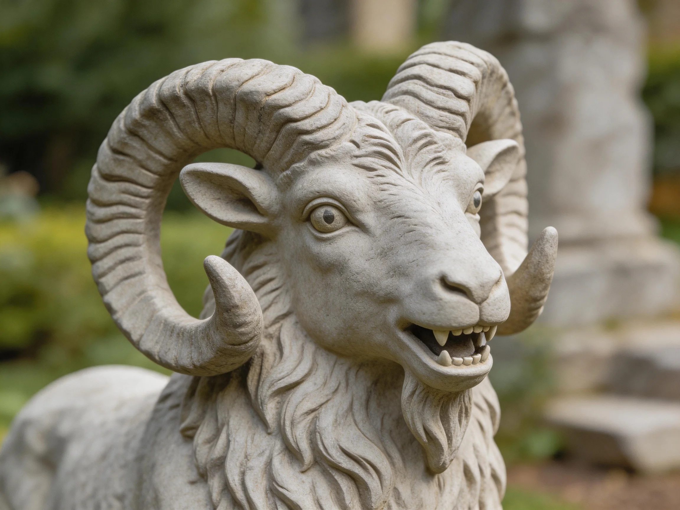 A stone ram sculpture with massive curved horns outdoors