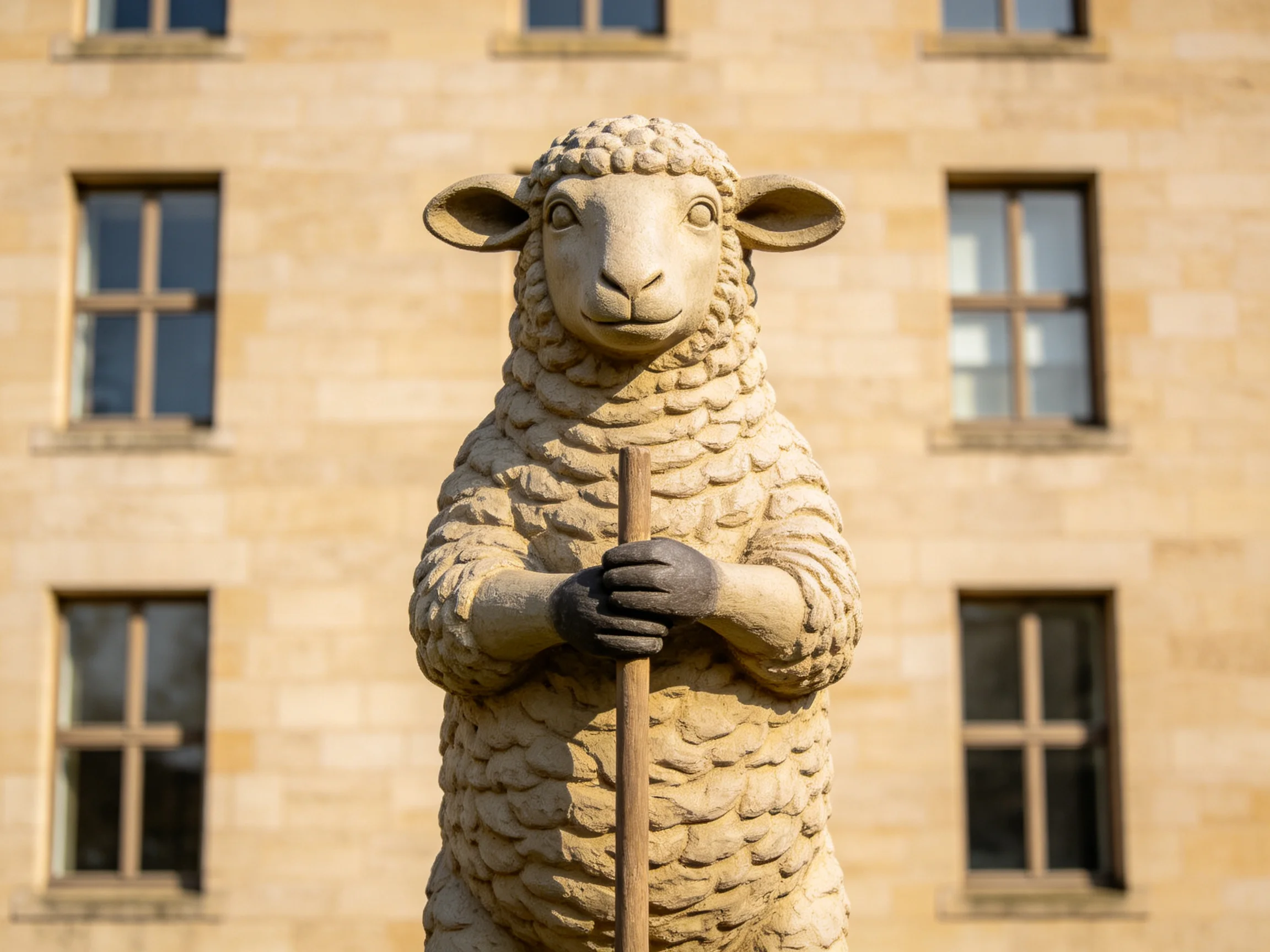 A stone sheep statue holds a staff before a beige building