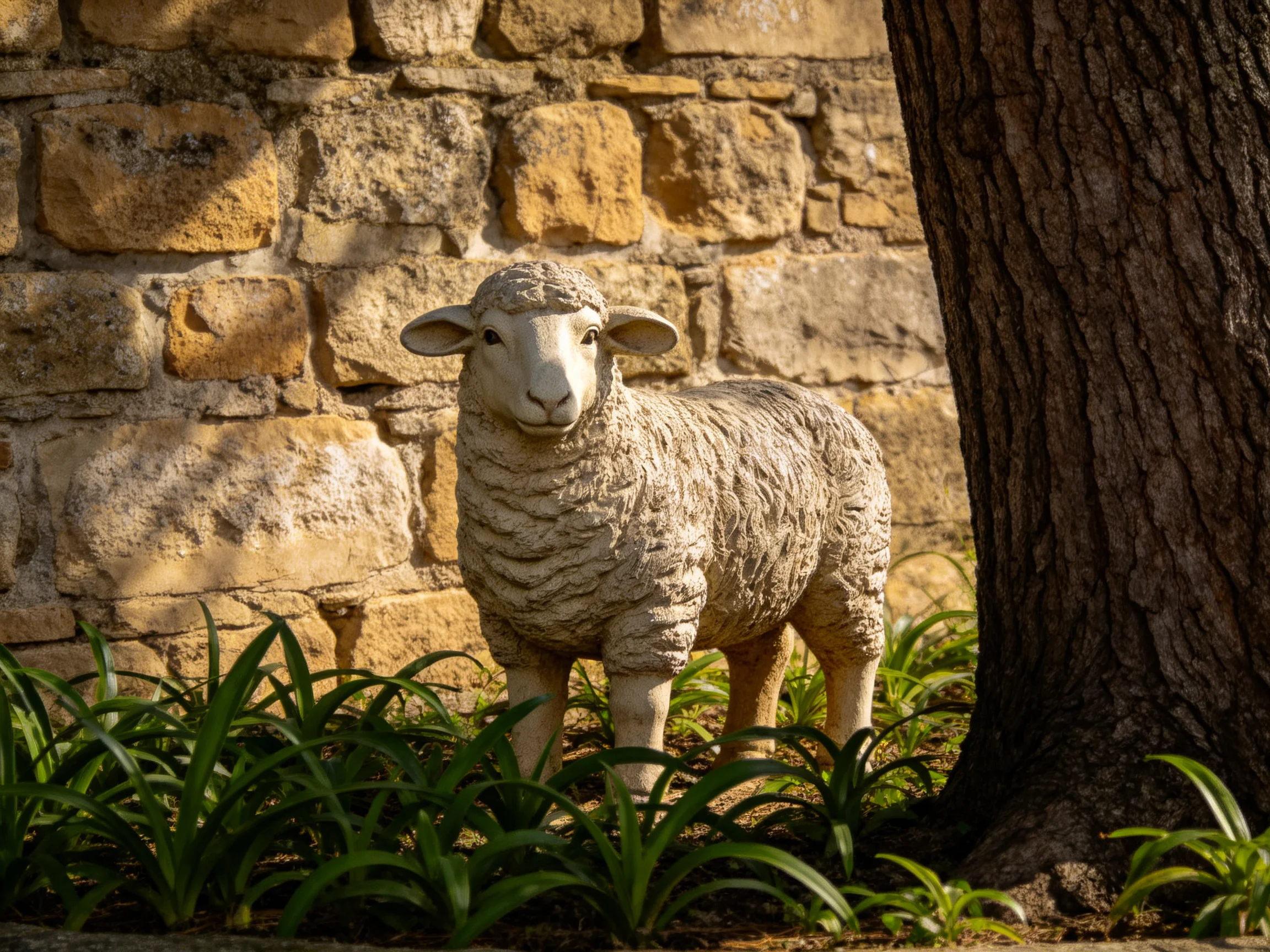 A stone sheep statuenear an aged brick wall and large tree
