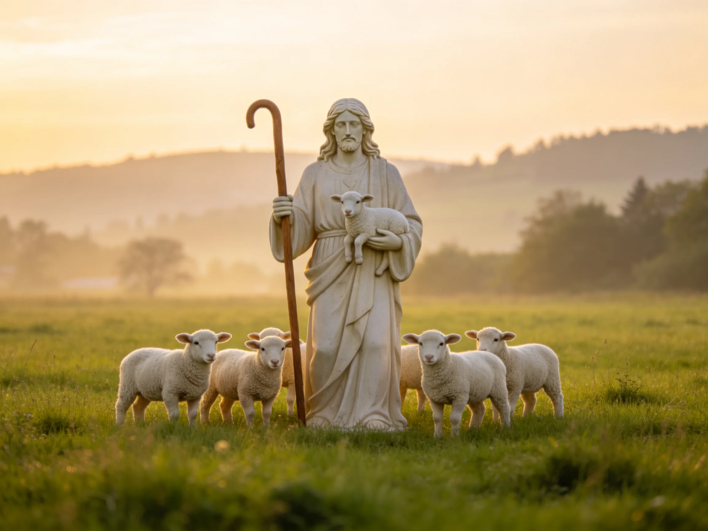 A stone shepherd statue with sheep in a golden meadow