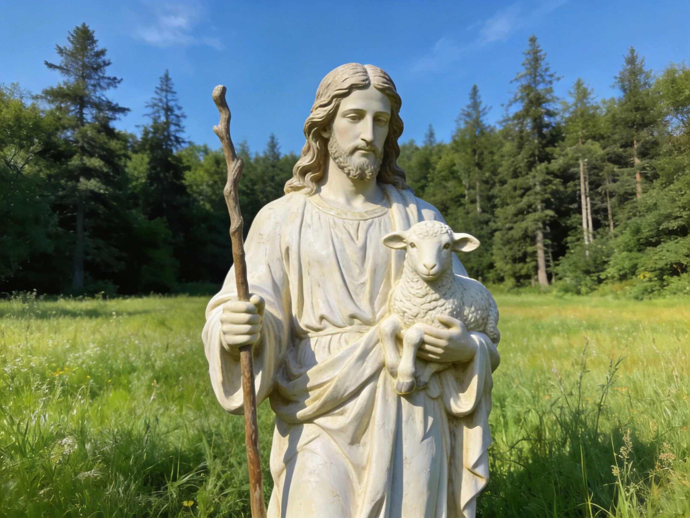 A stone statue of Jesus holding a lamb in a lush green meadow