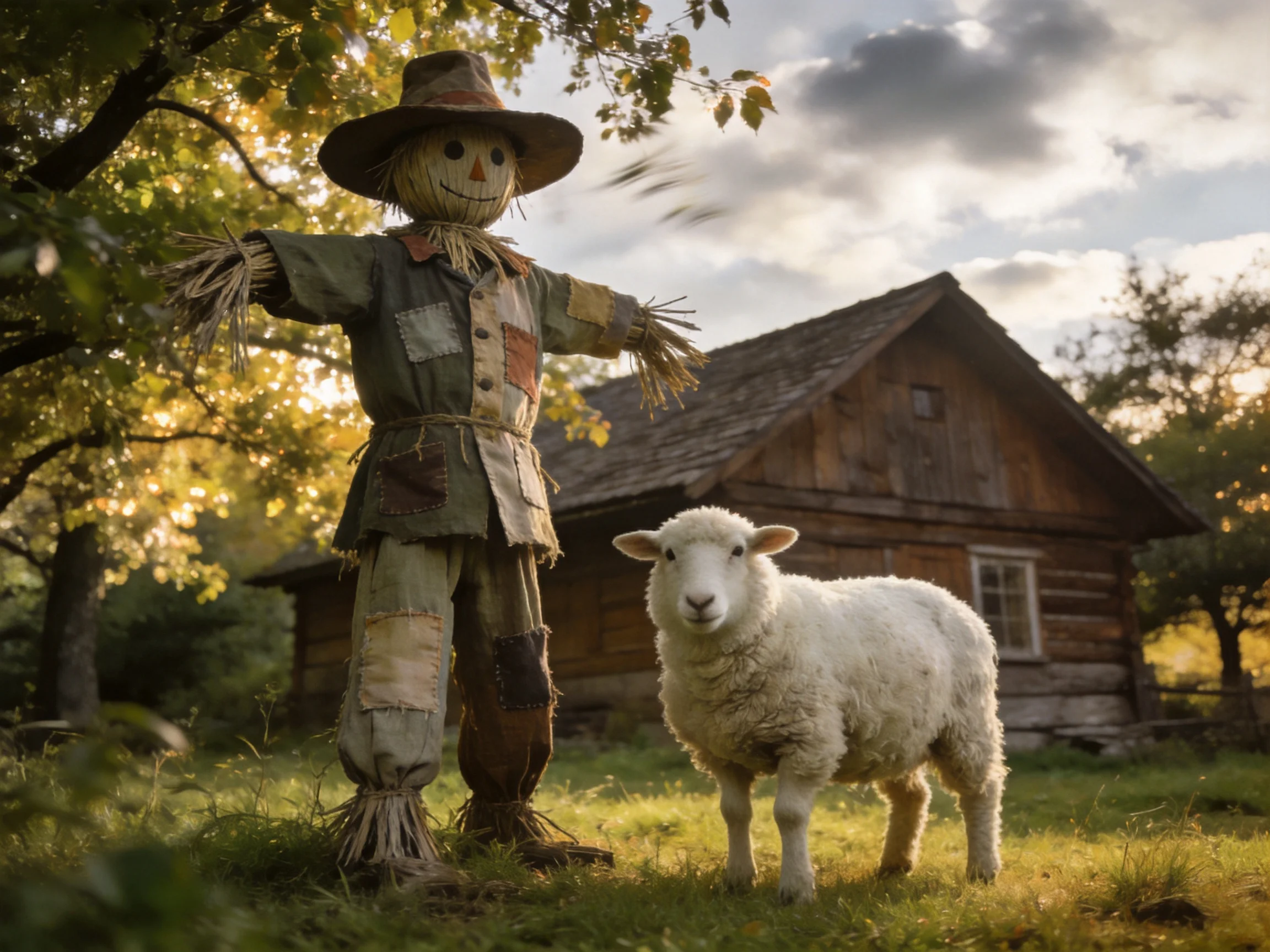 A straw scarecrow stands beside a fluffy white lamb near a rustic wooden cabin