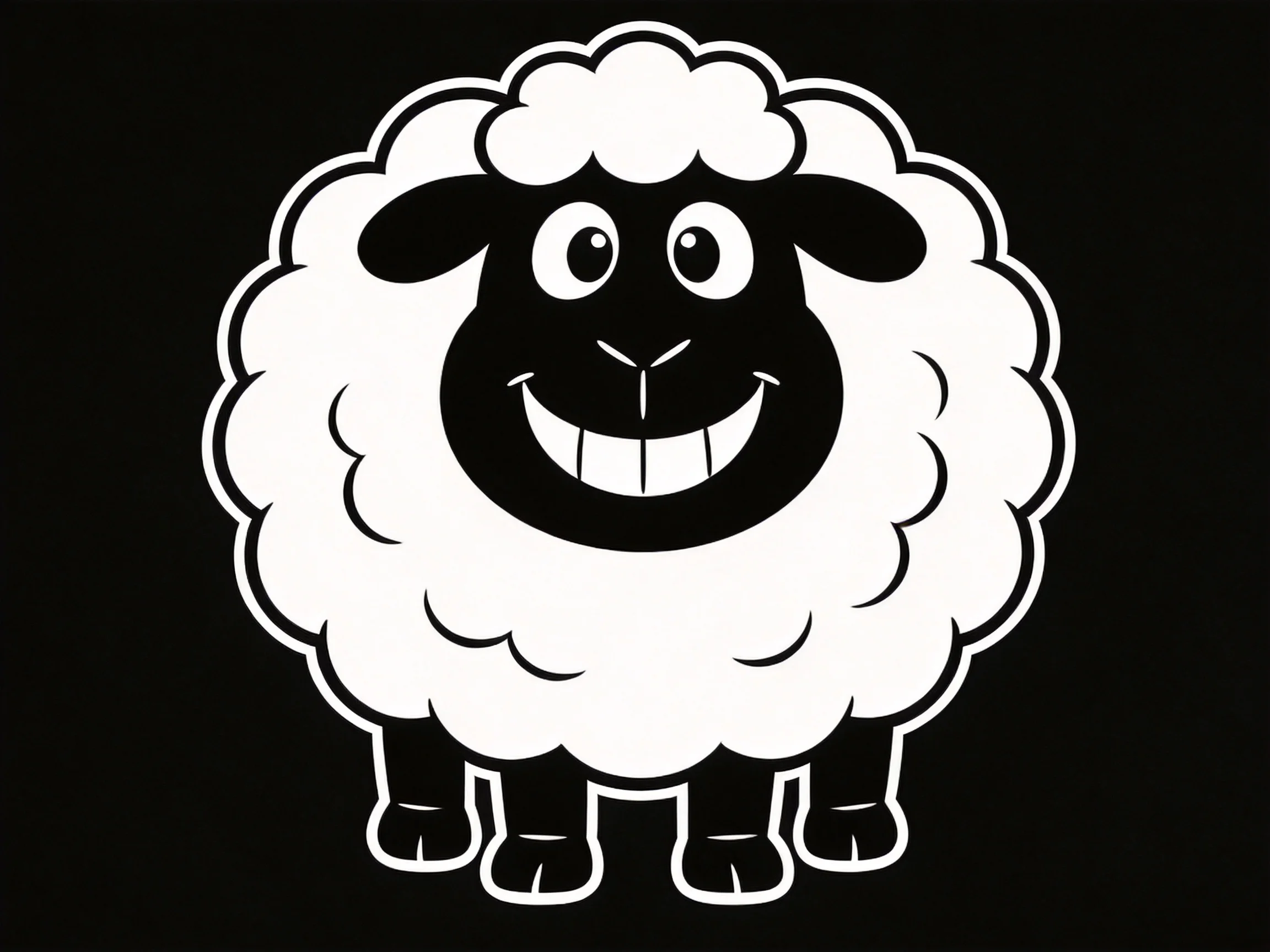 A stylized black and white cartoon sheep