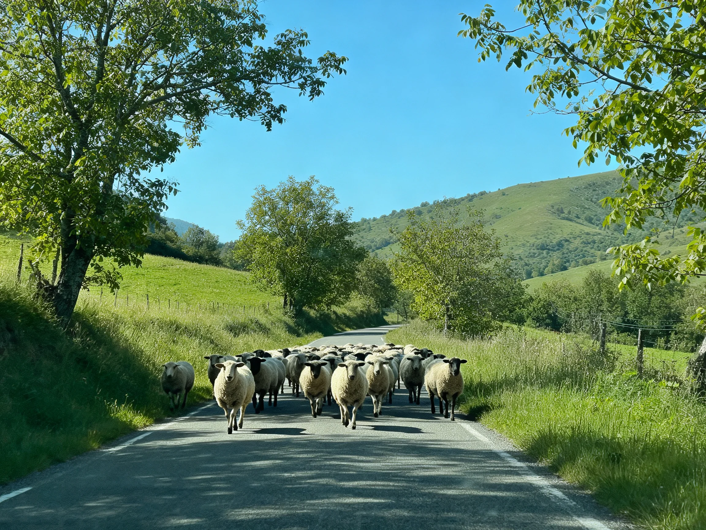 A substantial flock of sheep traverses a sun-drenched rural road
