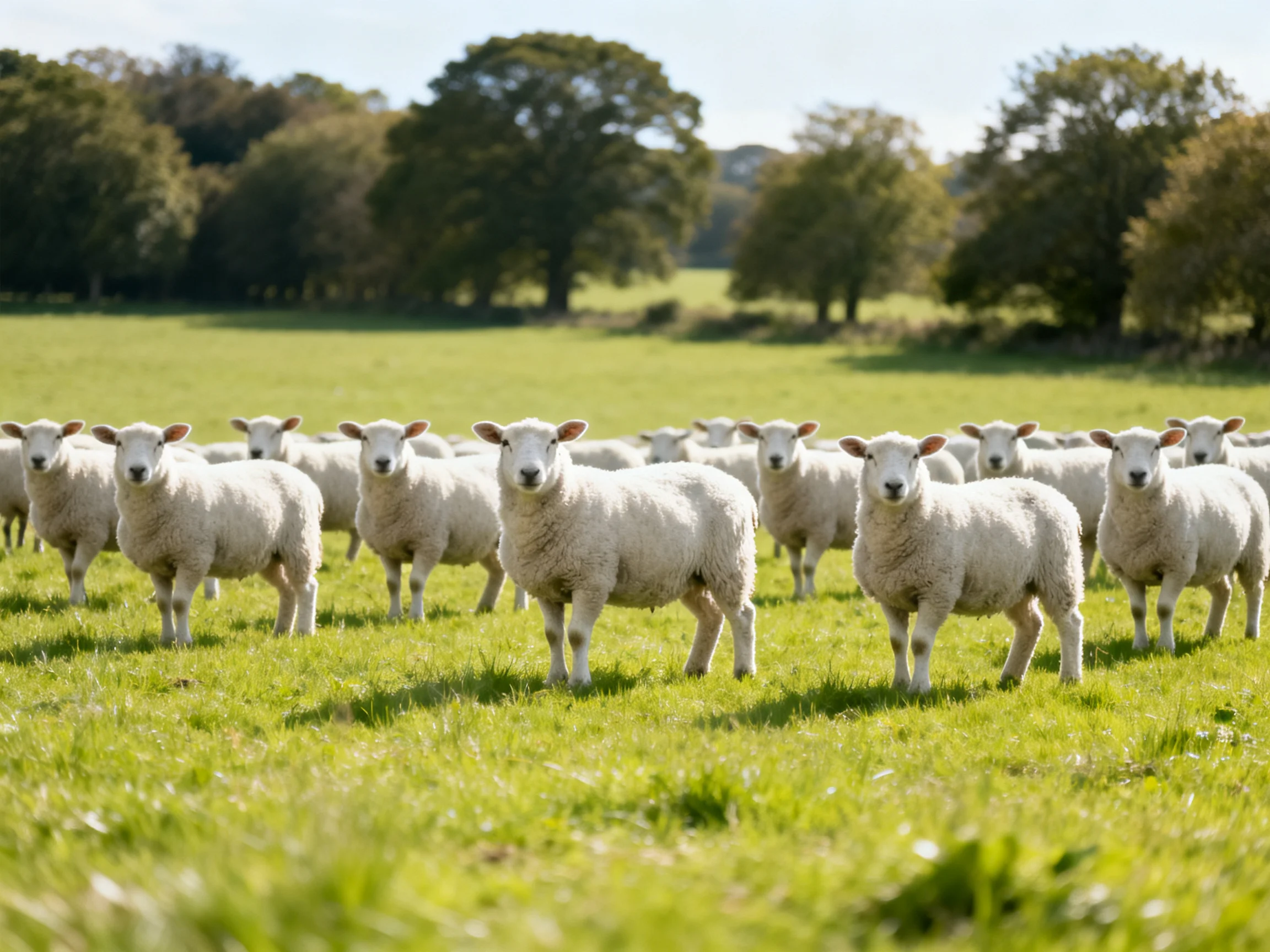 A substantial flock of woolly white sheepin a verdant open field