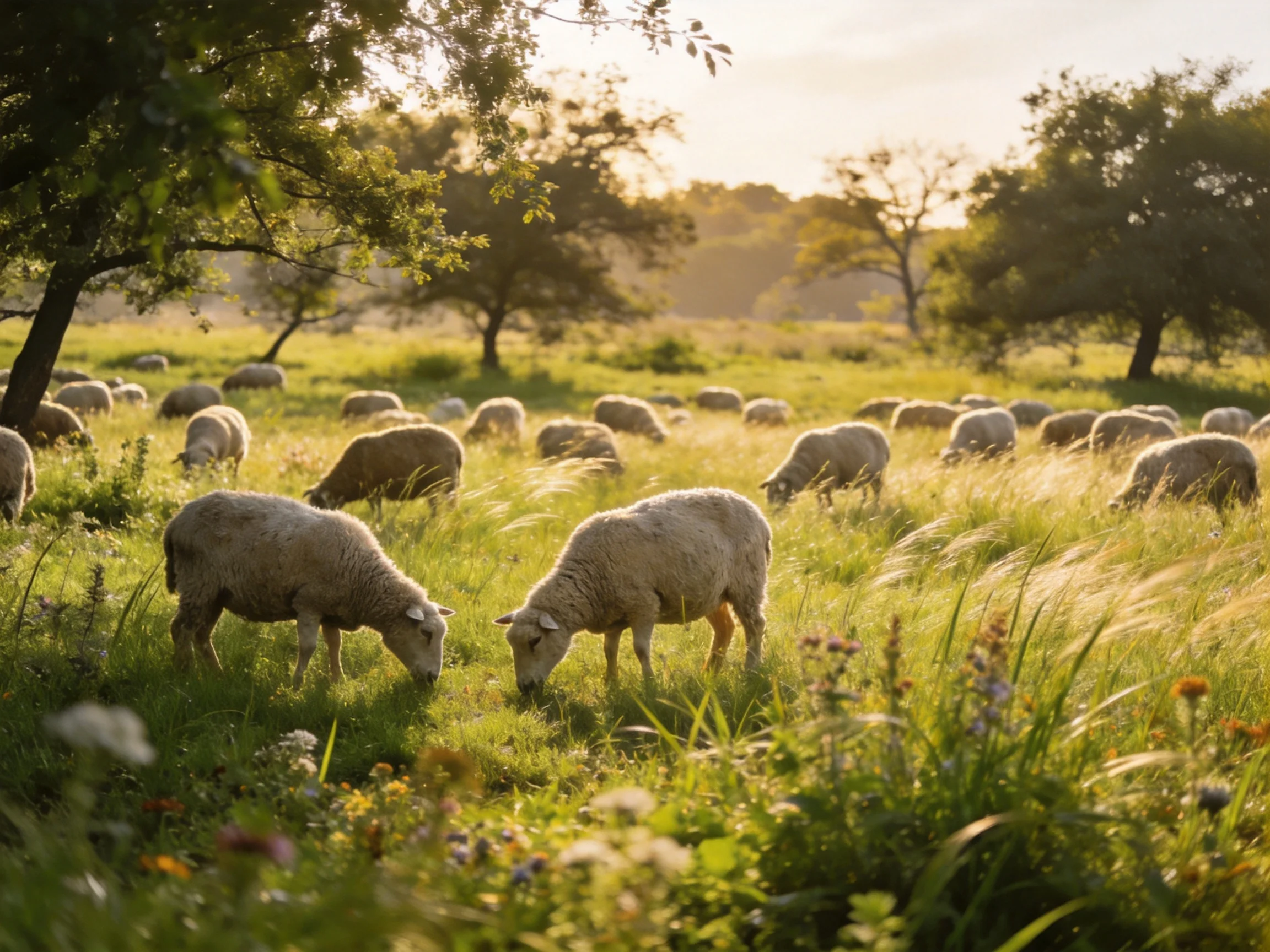 A sunlit meadow with numerous sheep grazing among tall greenery