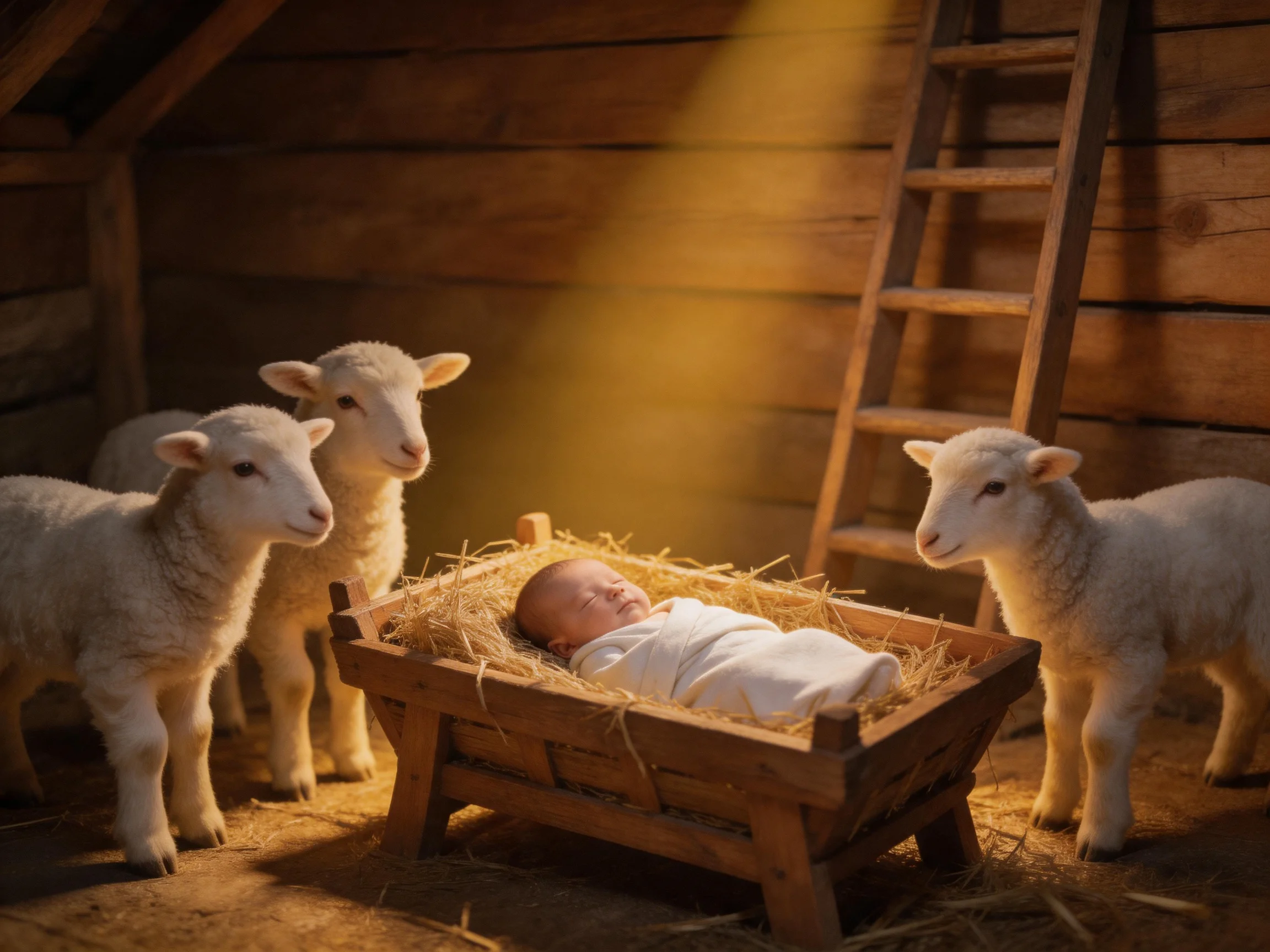 A swaddled baby in a wooden manger with four sheep in a rustic stable