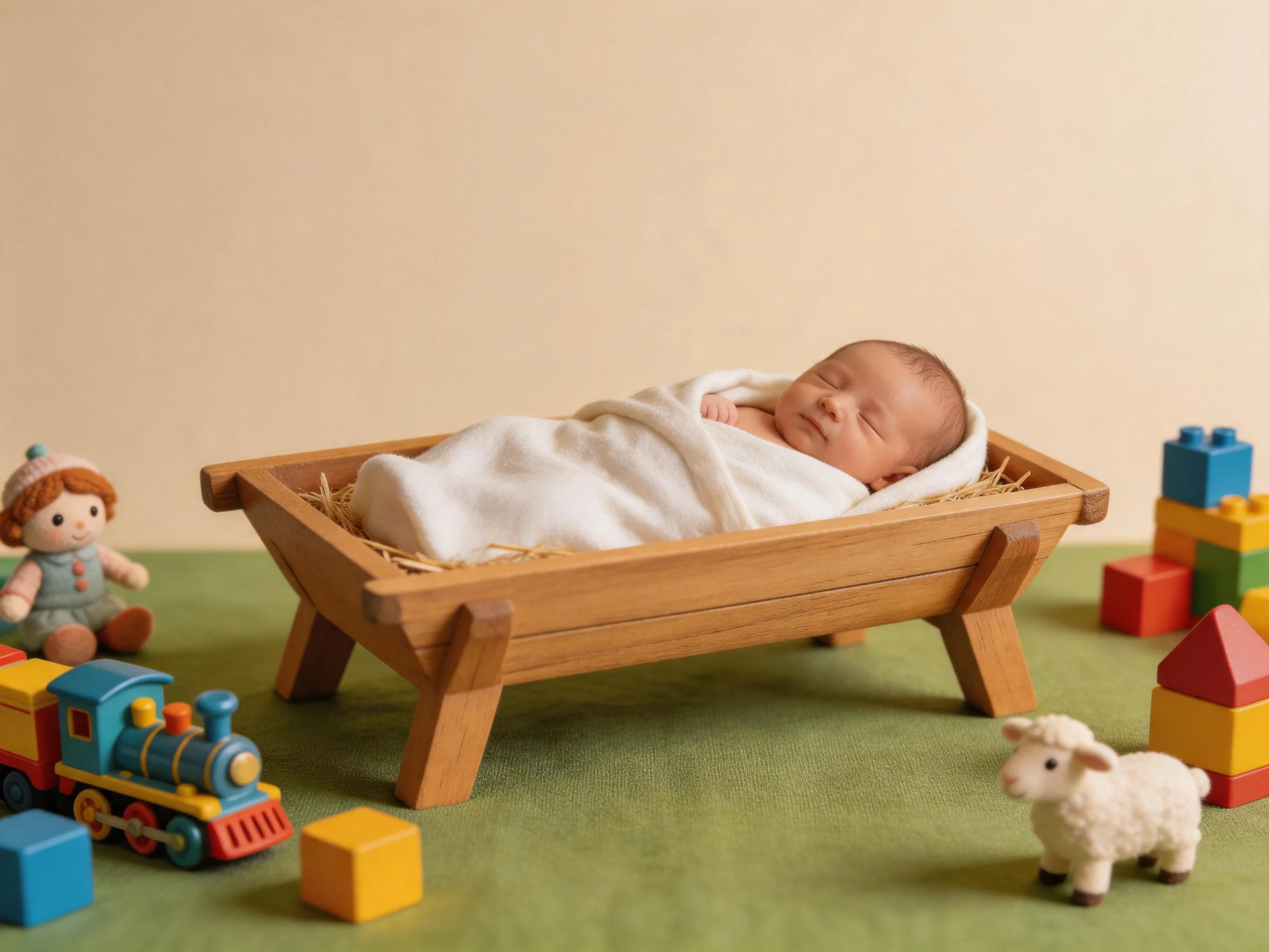 A swaddled newborn rests in a wooden cradle amid colorful toys