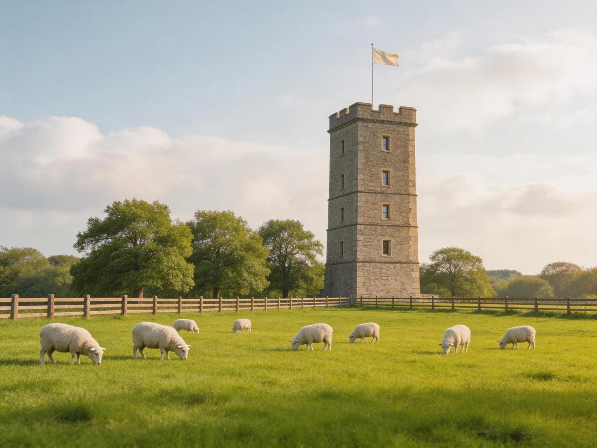 A tall stone tower overlooks sheep grazing in a bright green meadow with trees
