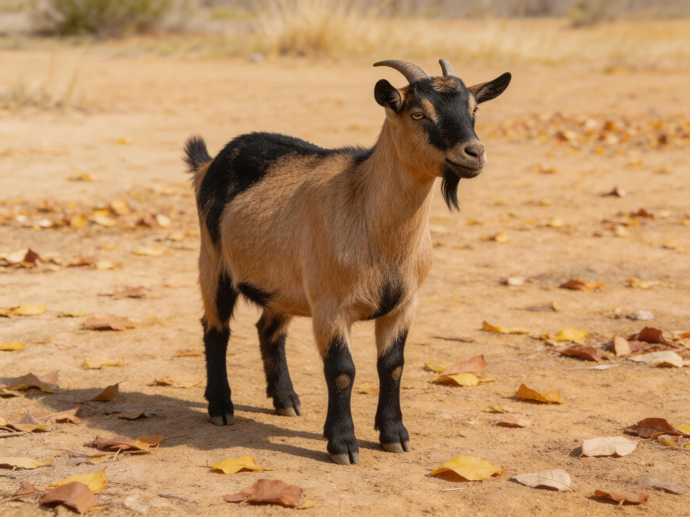 A tan and black goat on a leaf-strewn dirt path