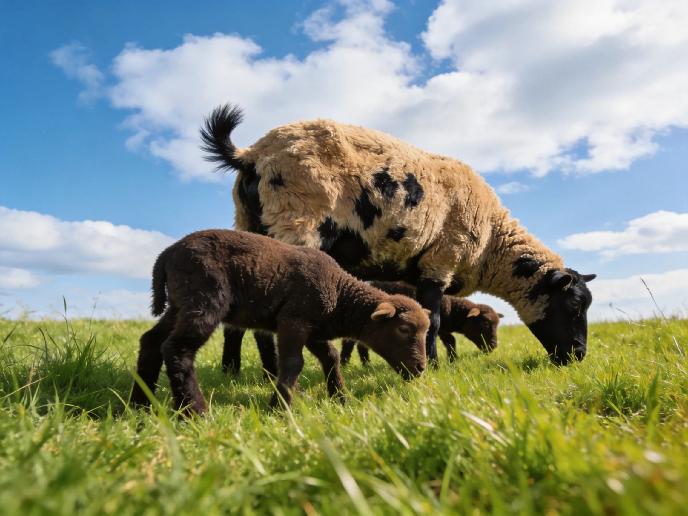 An adult sheep and two lambs graze peacefully in a sunny meadow.