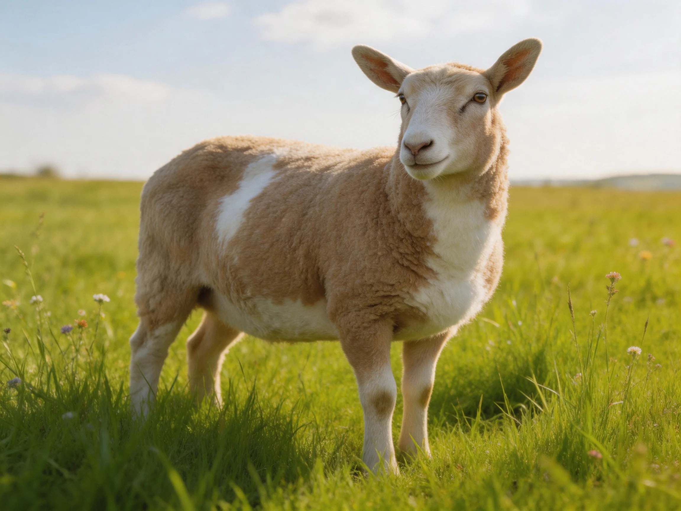 A tan and white lamb stands in a sunlit green pasture