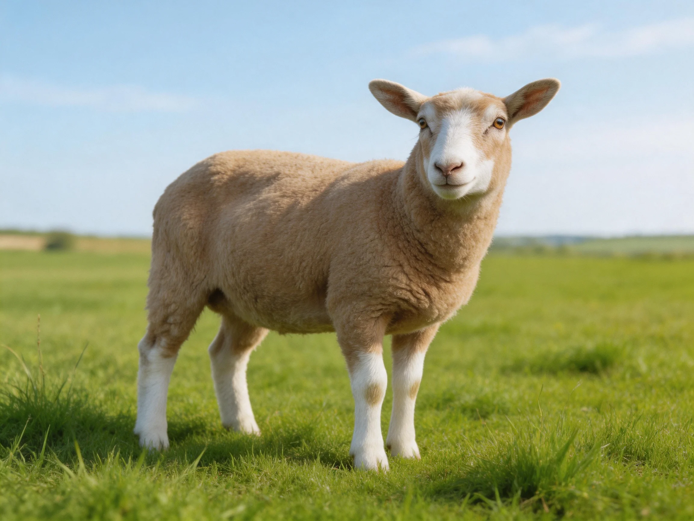 A tan and white lamb stands in a vast green meadow
