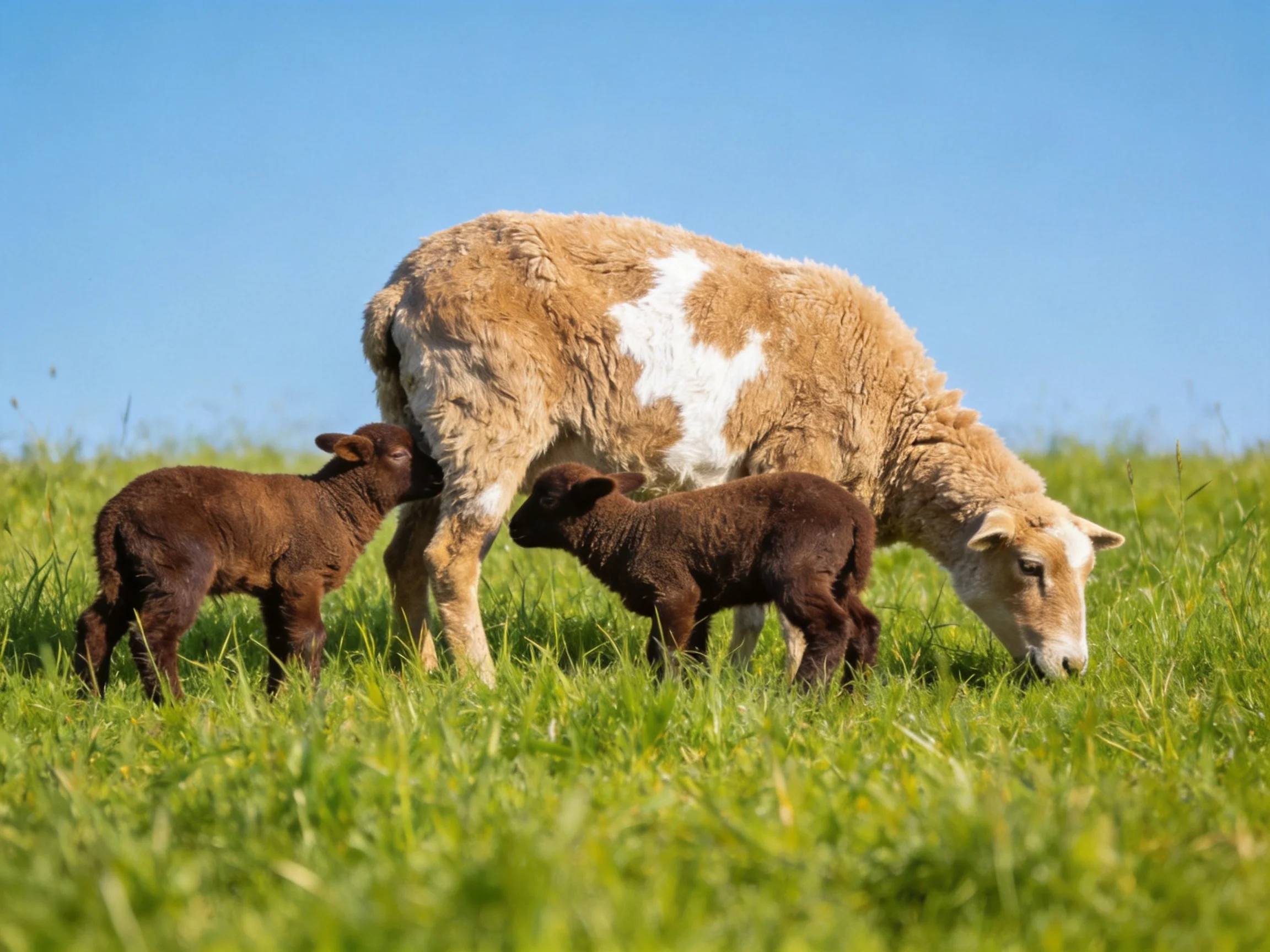 A tan and white sheep with two dark brown lambs in a green pasture