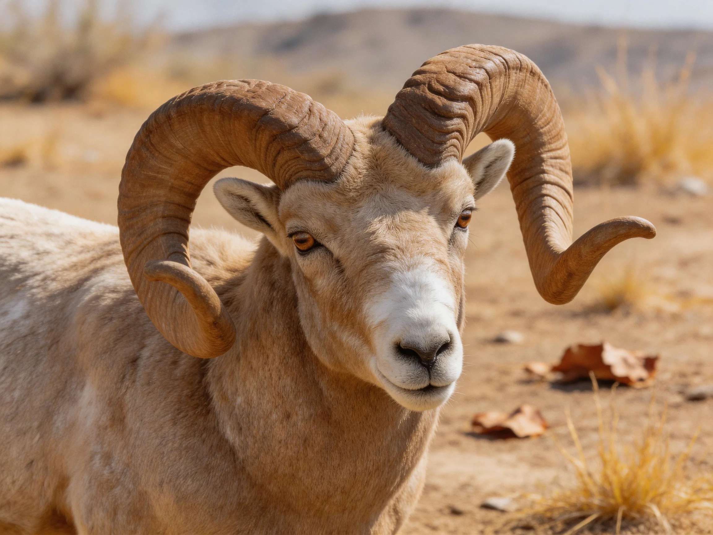 A tan bighorn ram with massive curved horns in an arid landscape