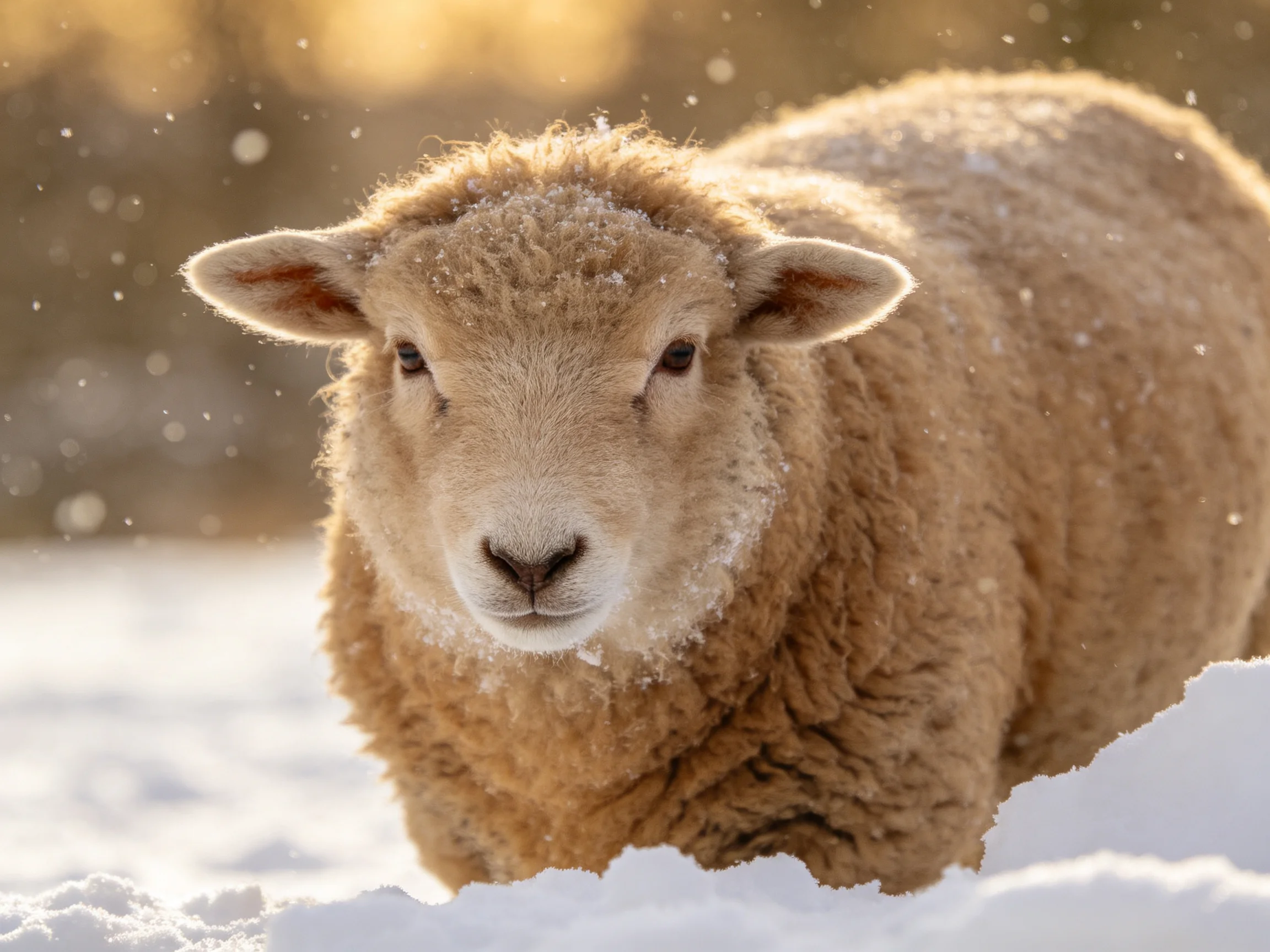 A tan-fluffy sheep standing in a snowy landscape