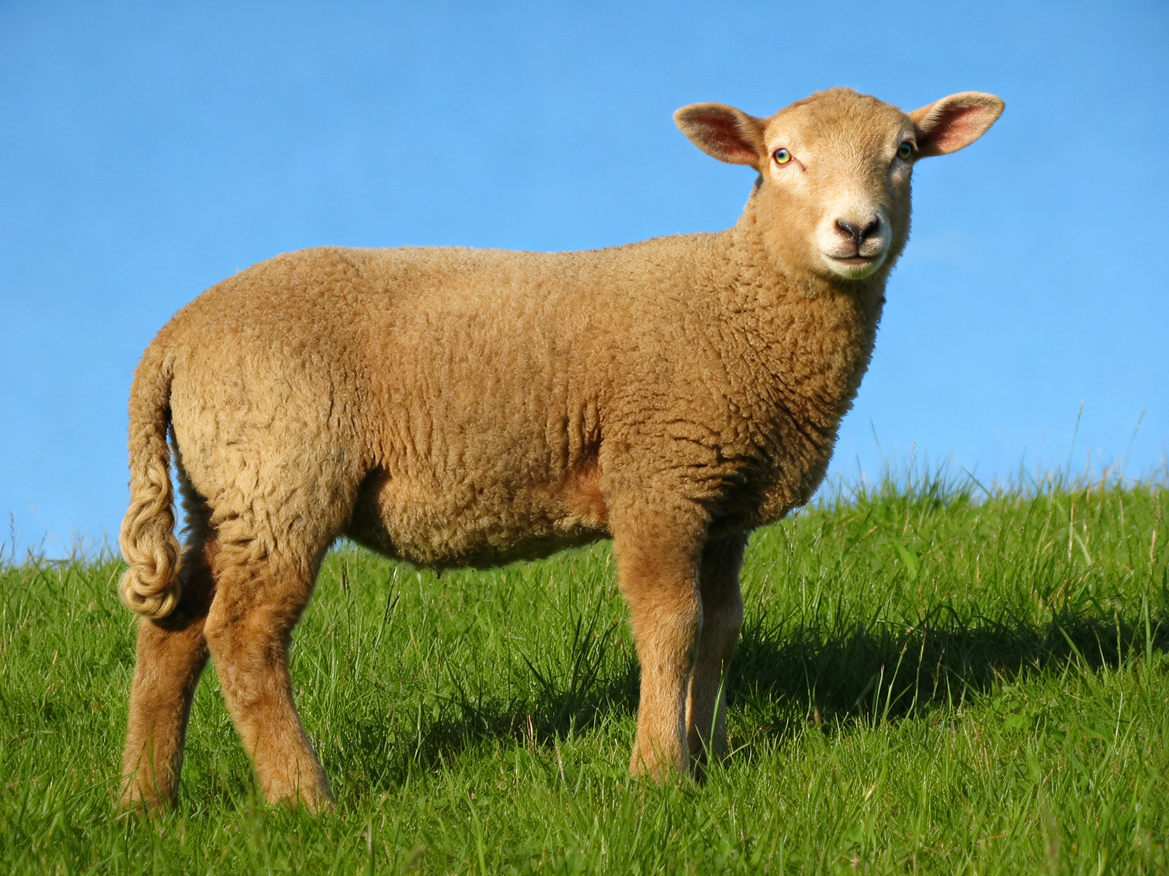 A tan lamb stands on lush green grass under a clear blue sky