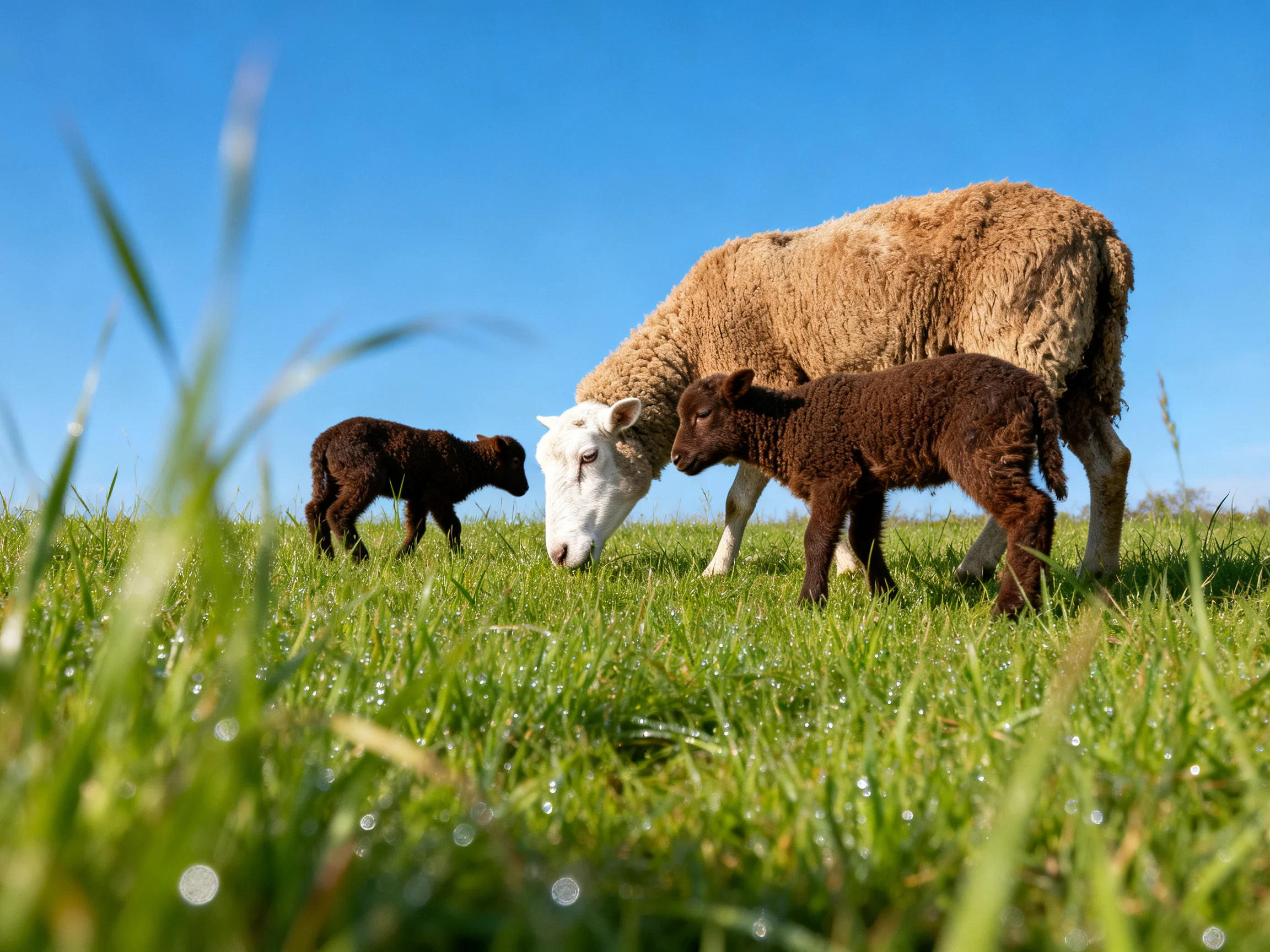 A tan sheep and two dark lambs graze in a bright green meadow under clear blue sky