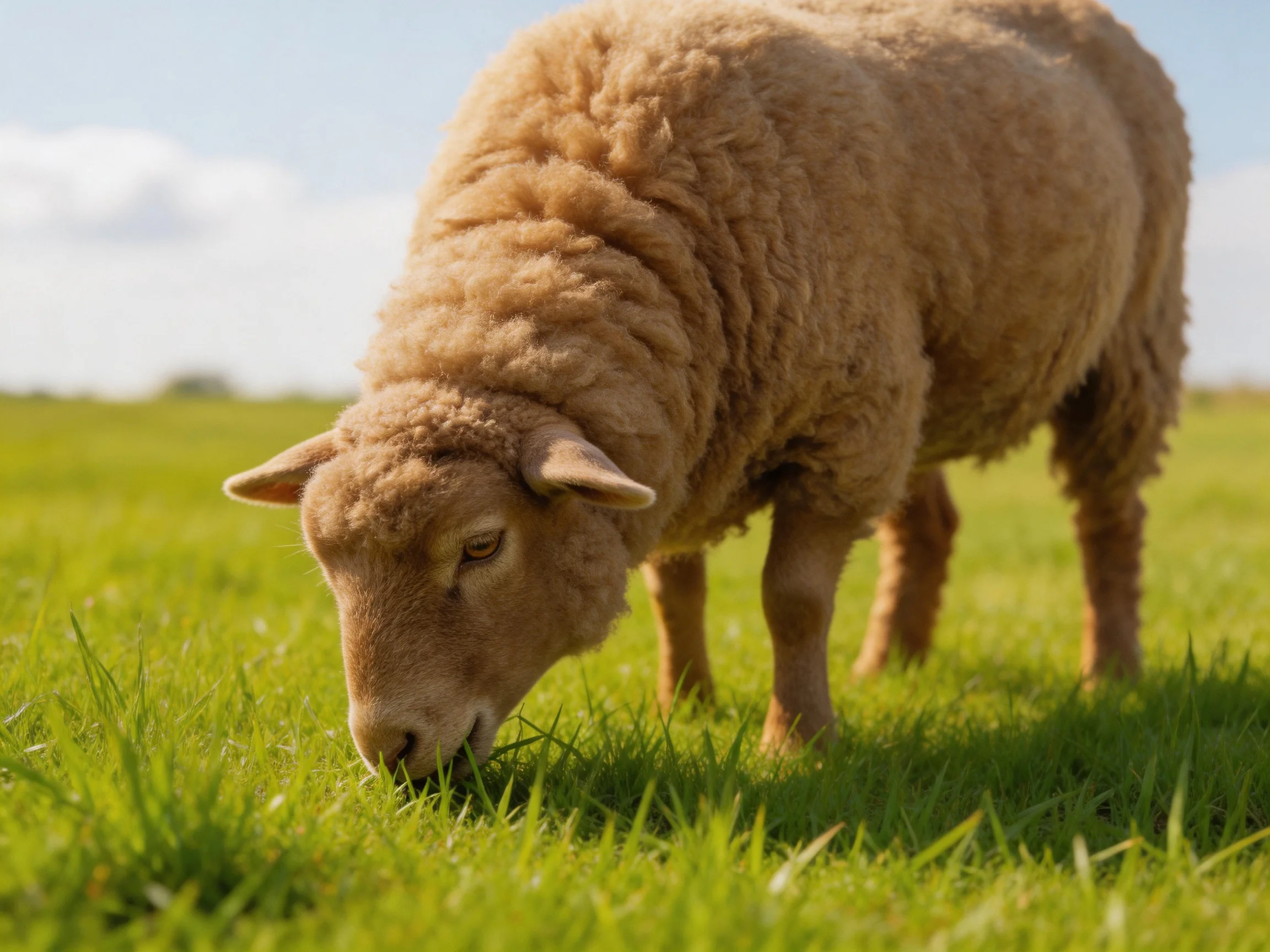 A tan sheep grazing in a lush green meadow under bright daylight