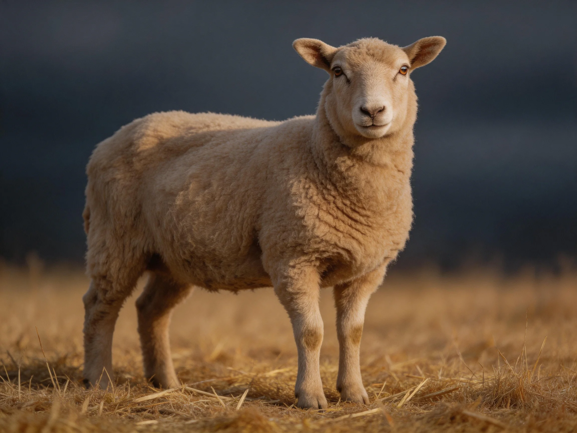 A tan sheep stands on golden hay under moody skies