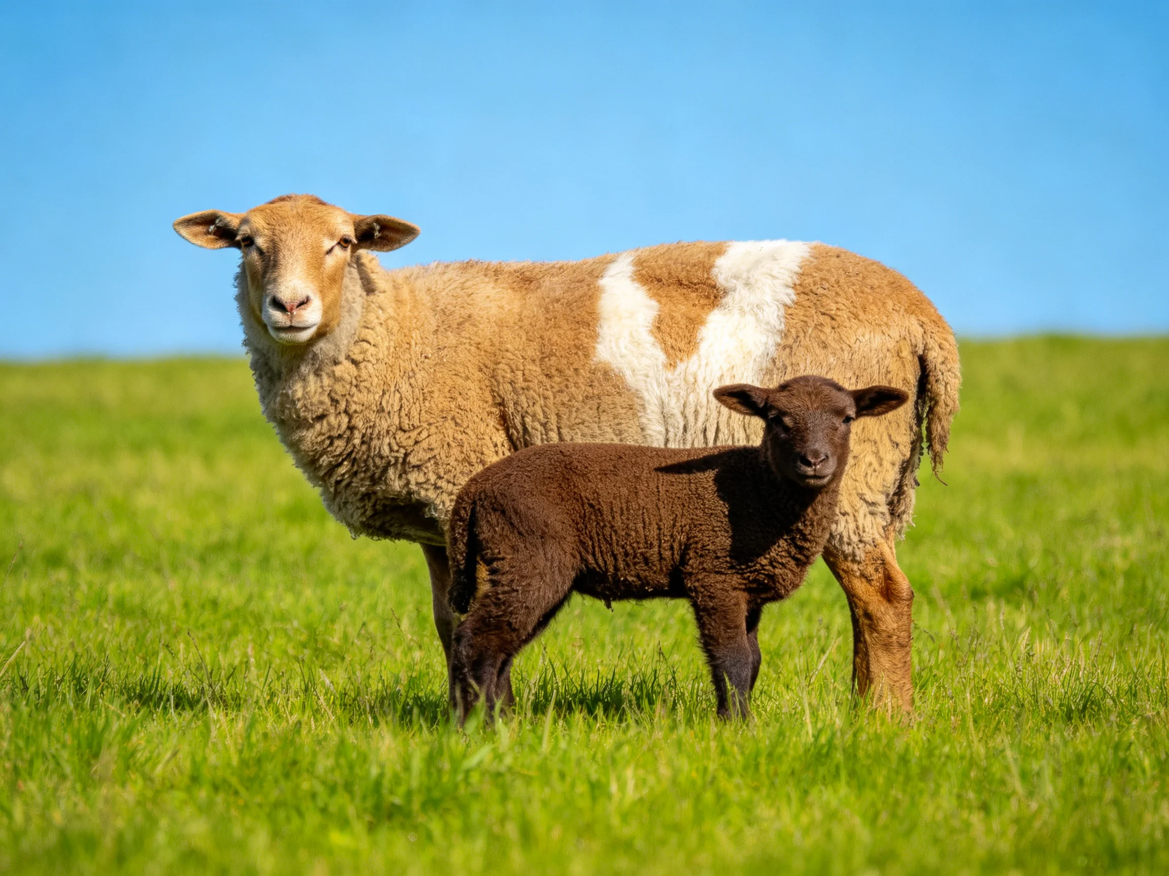 A tan sheep with white markings and a brown lamb stand in a bright green field