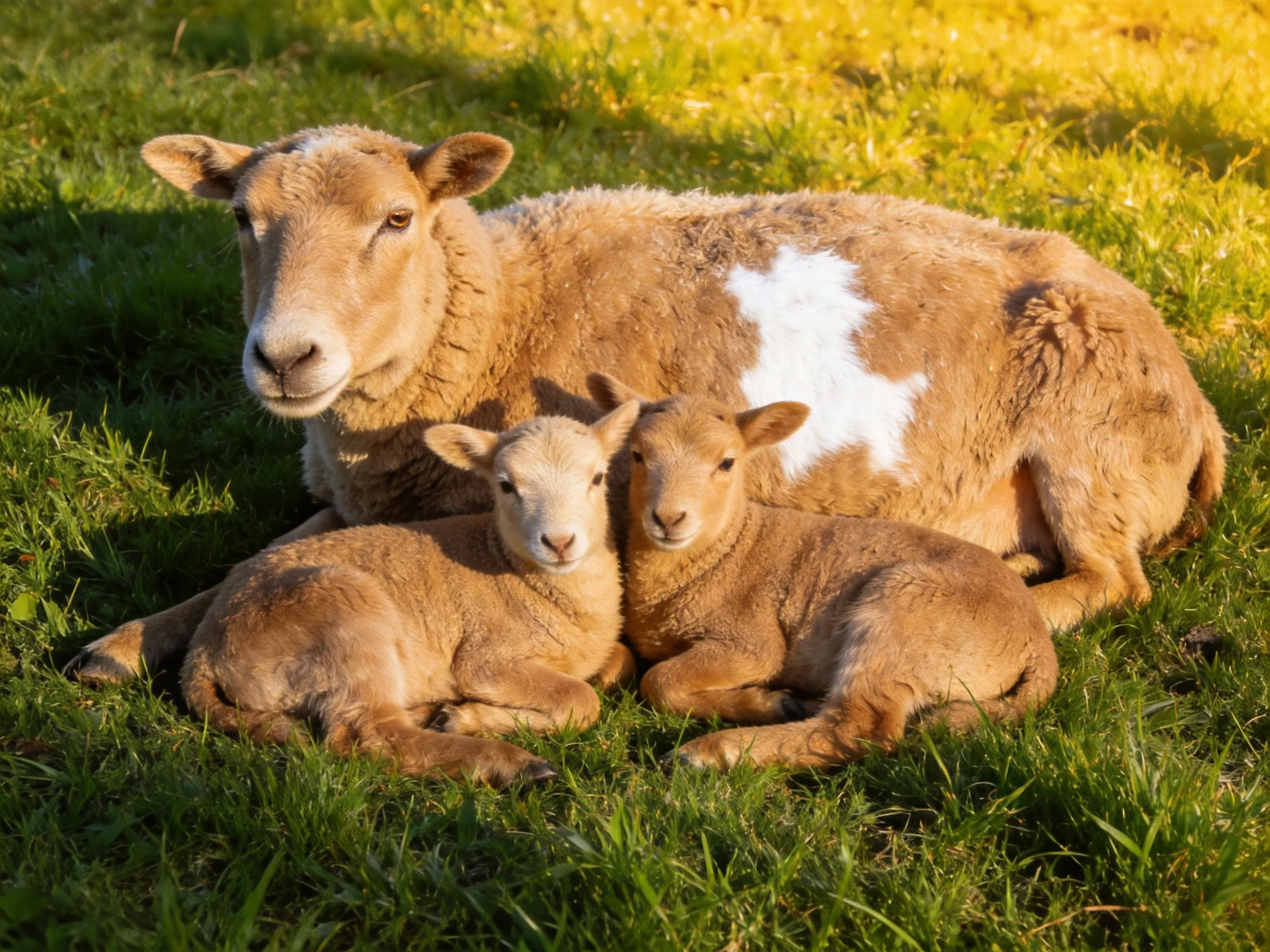 A tan sheep with white patch rests near two lambs on lush green grass