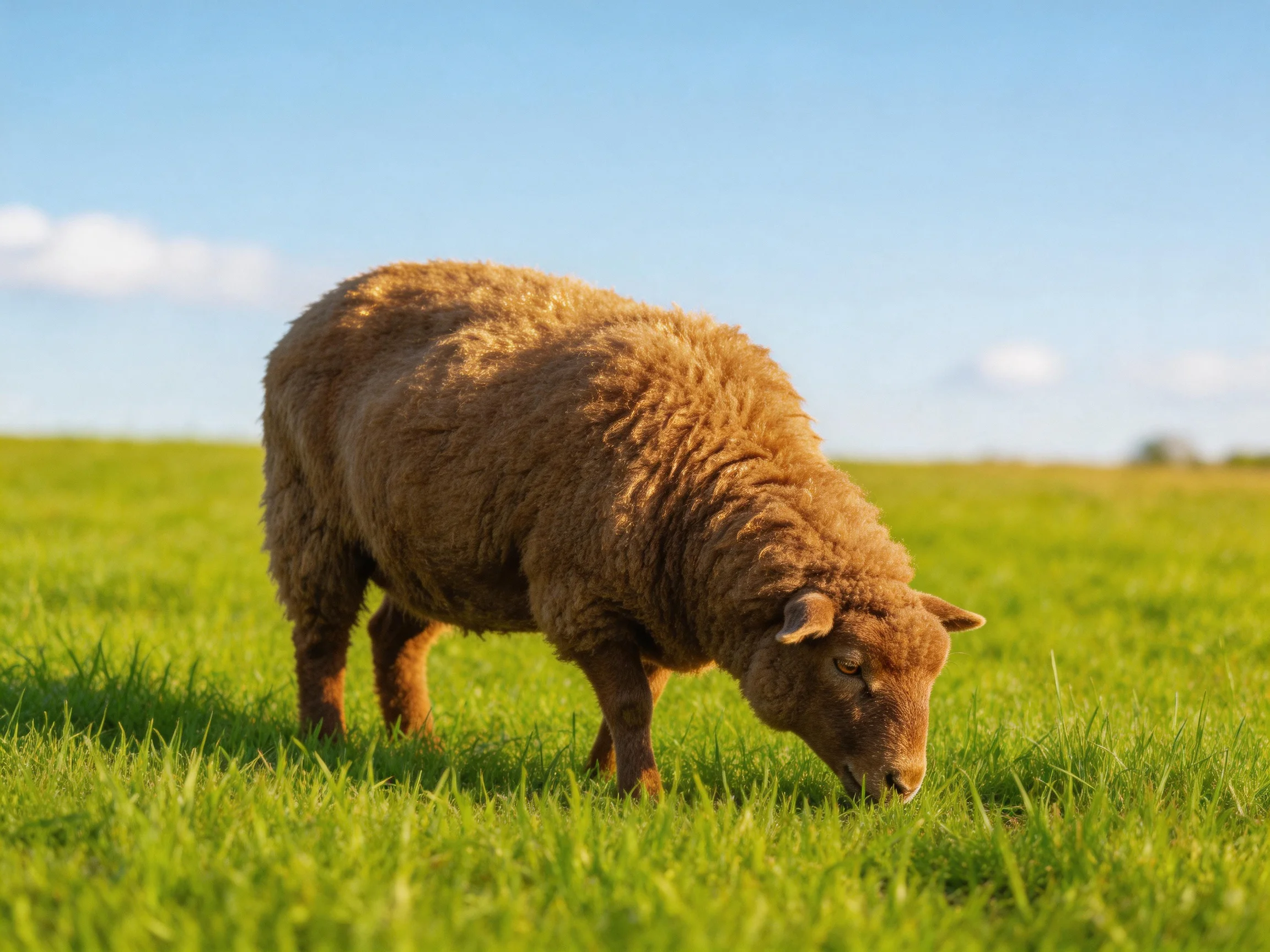 A thick-coated brown sheep grazing in a vast green pasture under bright blue sky