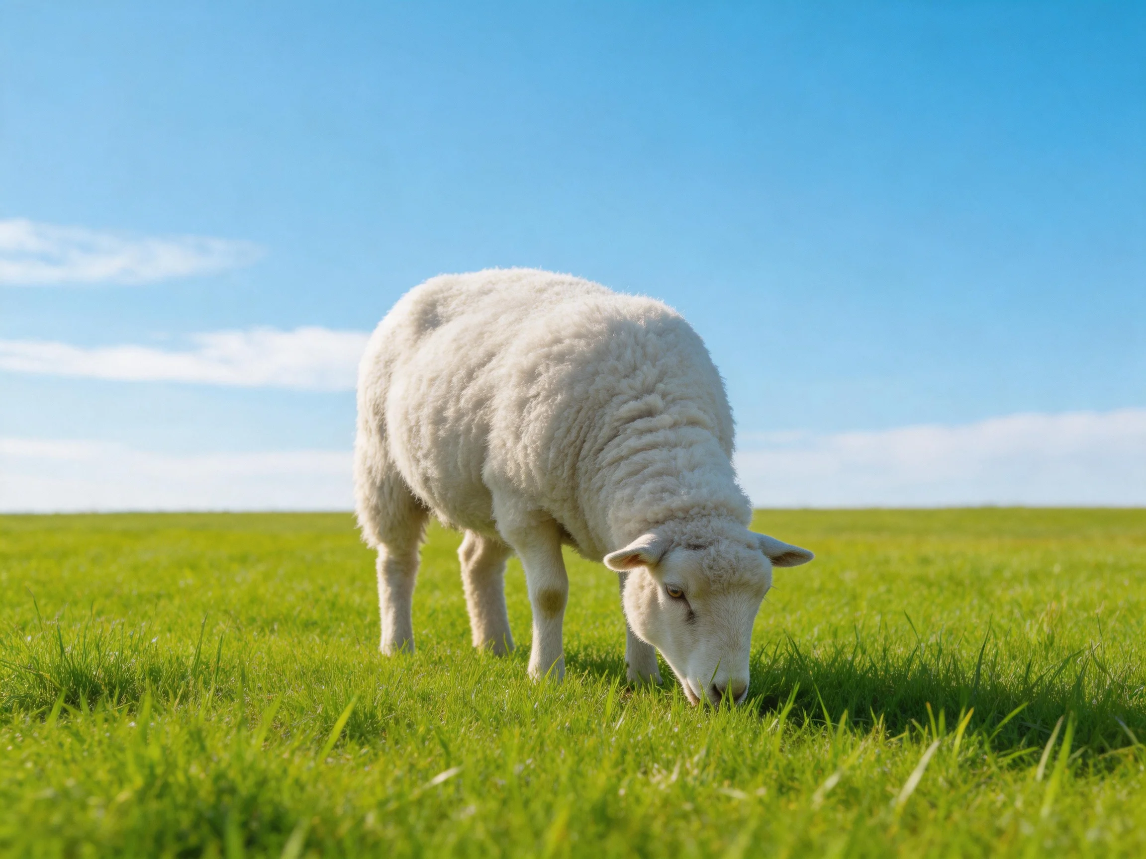 A thick-furred white lamb grazes in a green meadow under blue sky