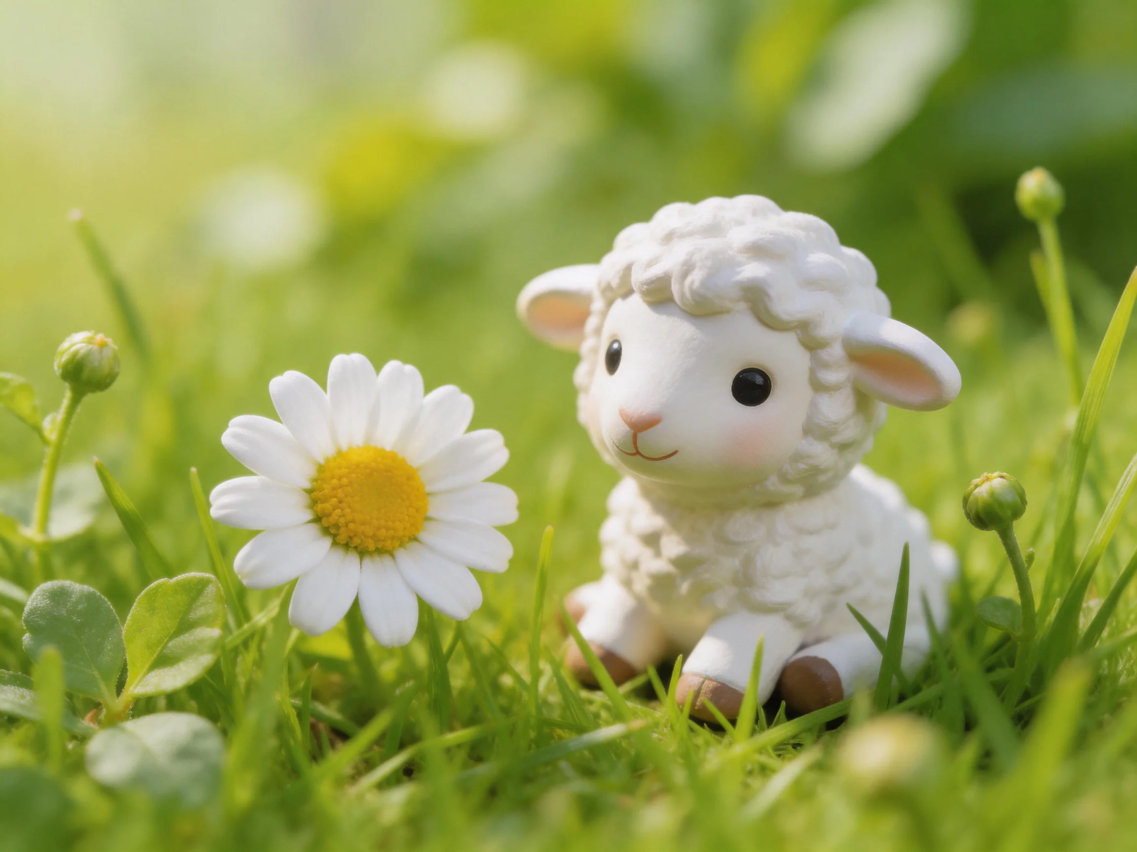 A tiny white sheep figurine beside a daisy in lush green grass