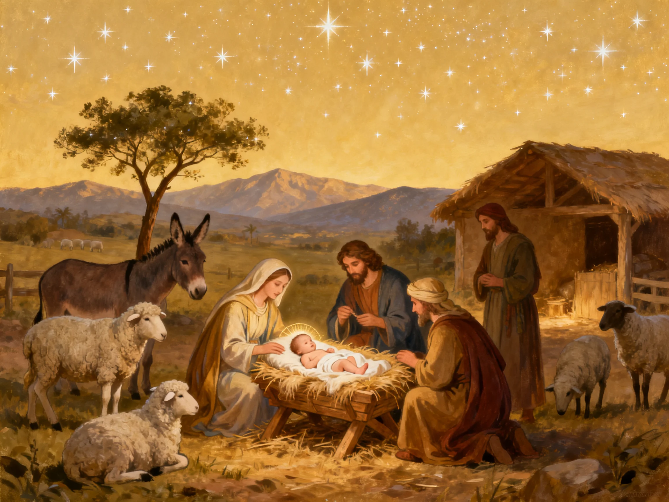 A traditional nativity scene with six figures, golden lighting, and starry sky