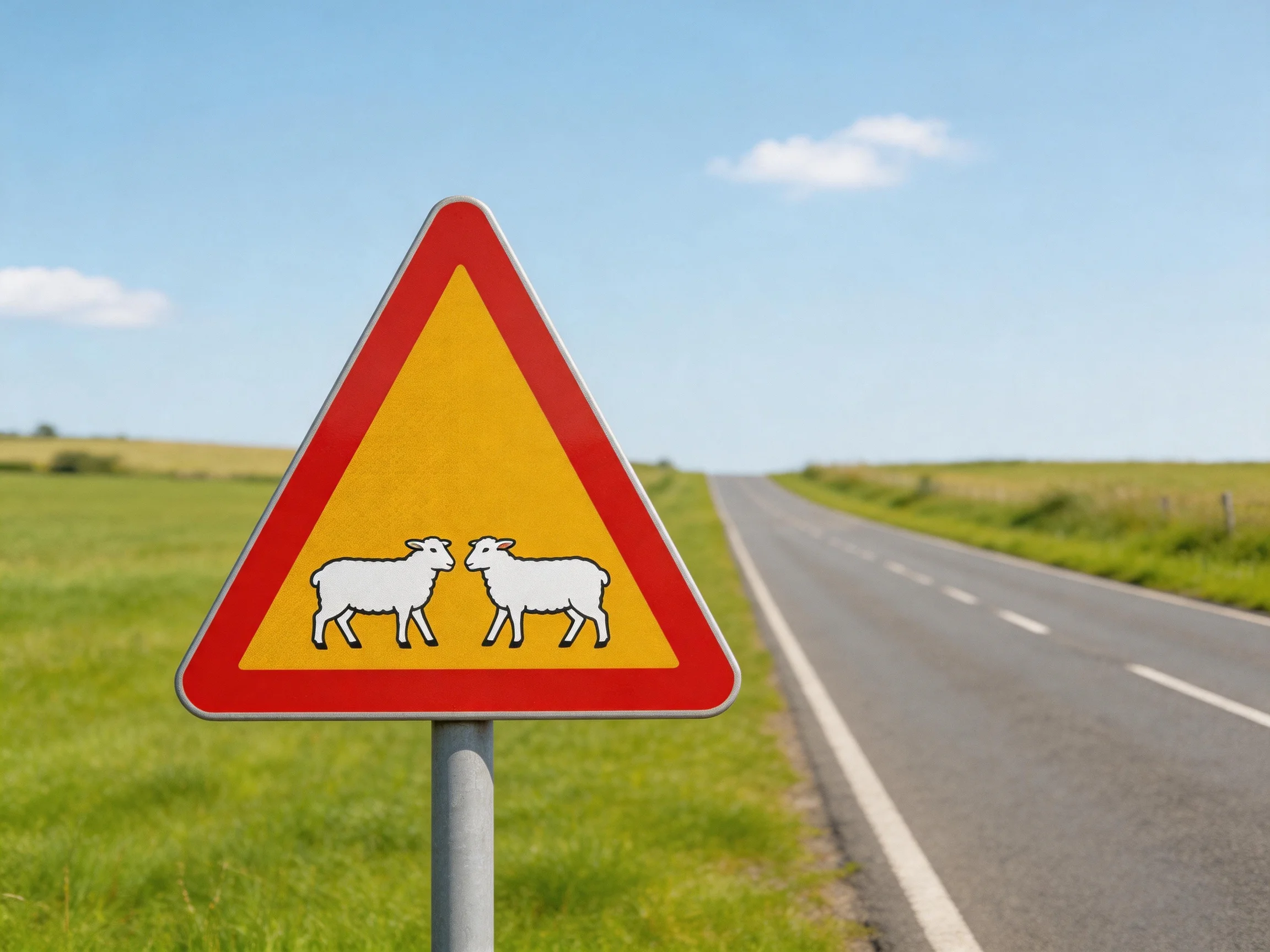 A triangular yellow and red sheep crossing sign near a country road